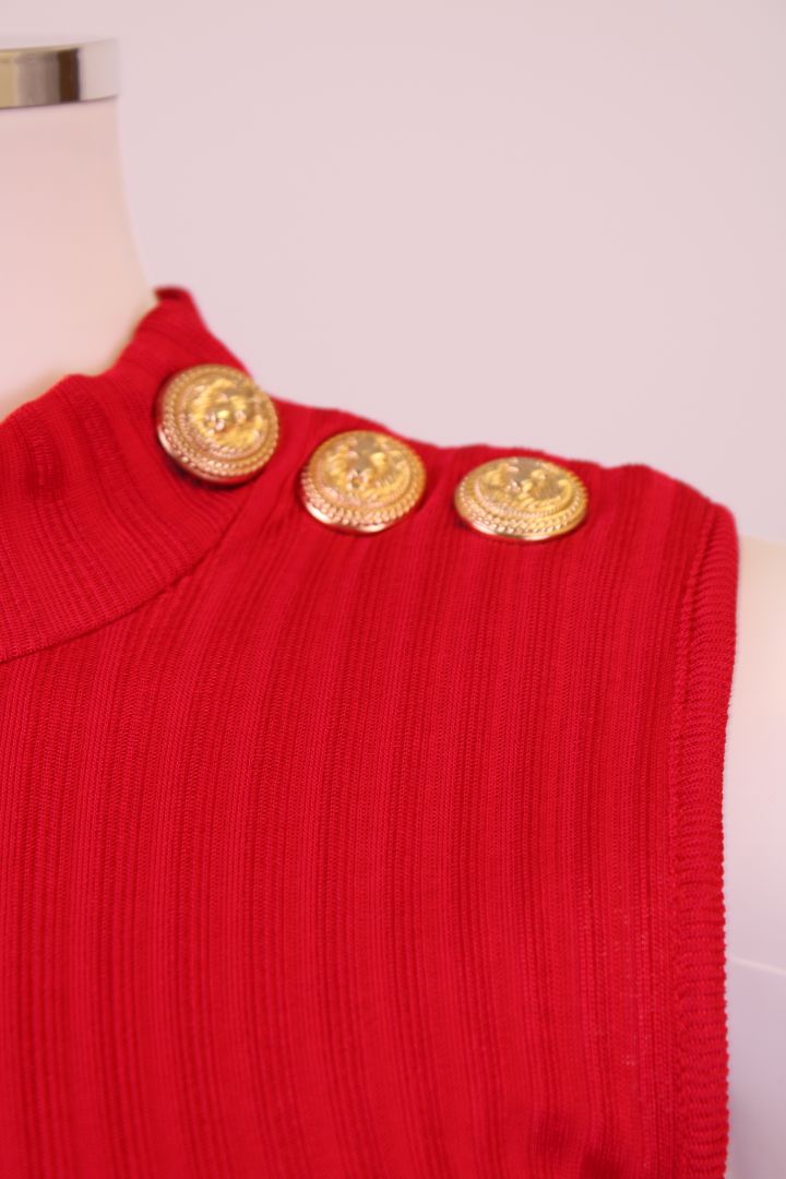 Balmain Rib Knit Button Dress Red 6