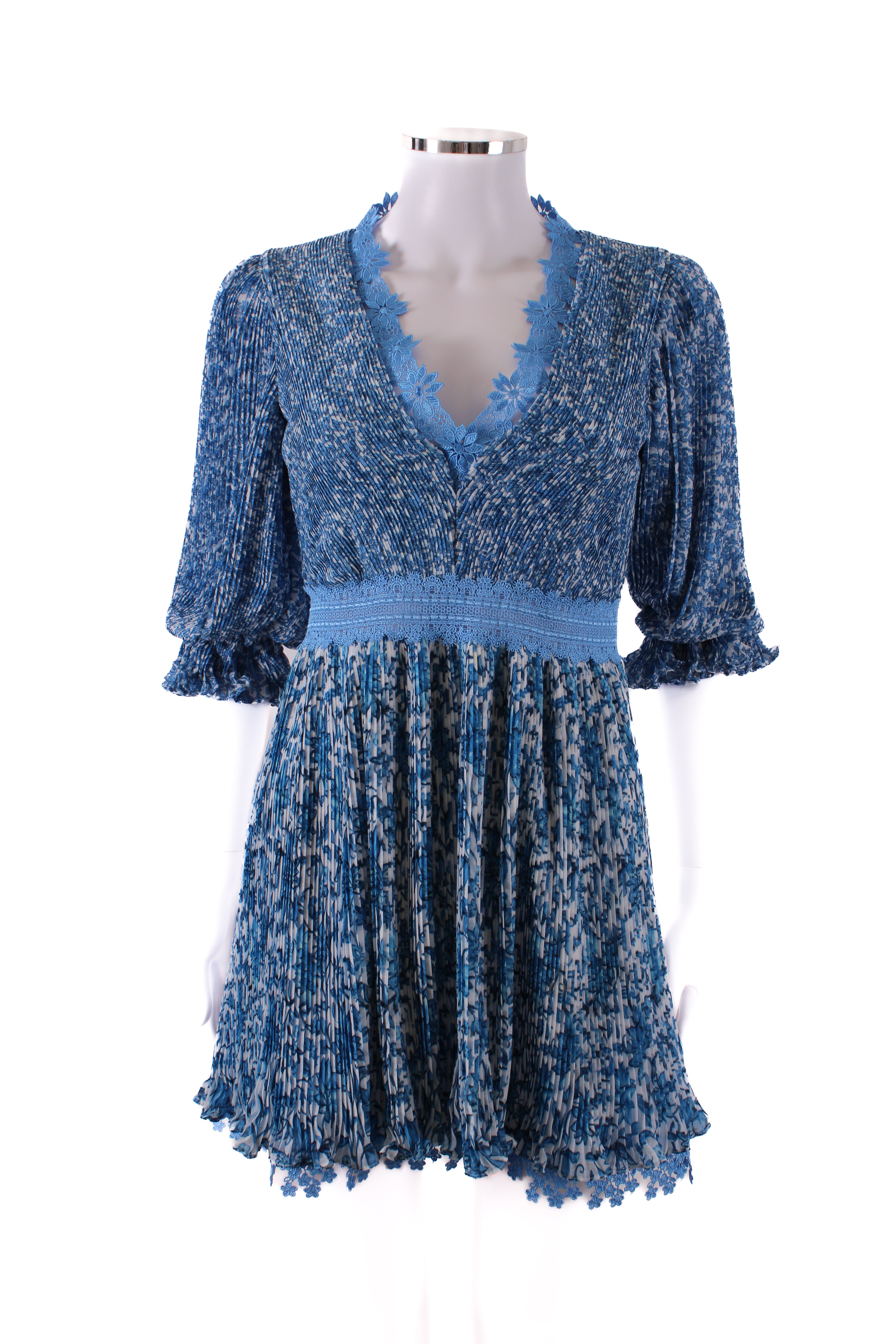 Alice & Olivia Pleated Floral Dress Blue 0
