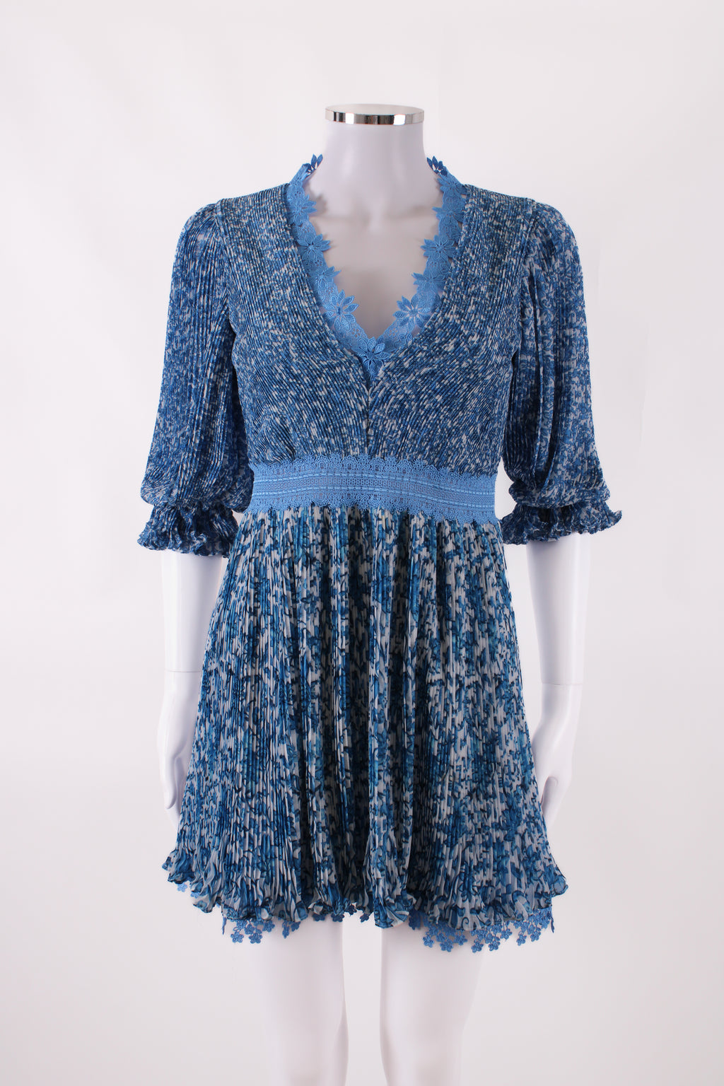 Alice & Olivia Pleated Floral Dress Blue 0