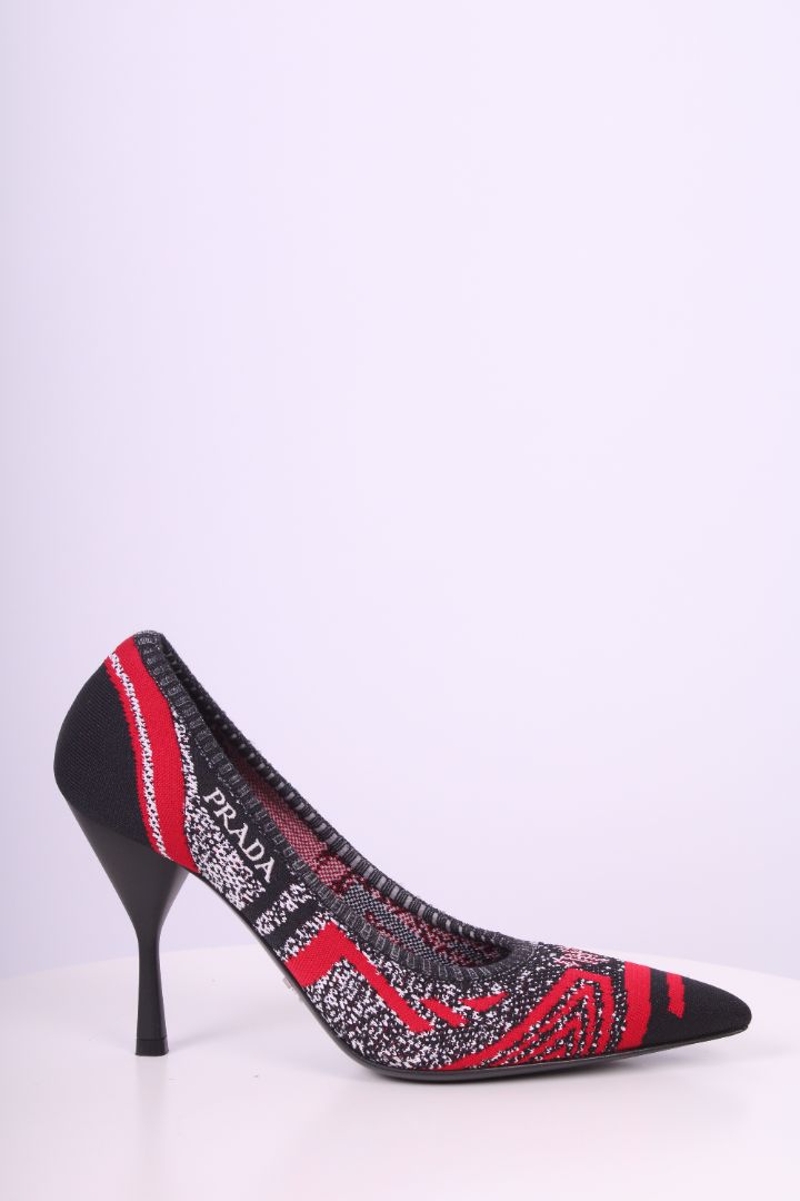 Prada Logo Knit Heels Black/ Red 37.5