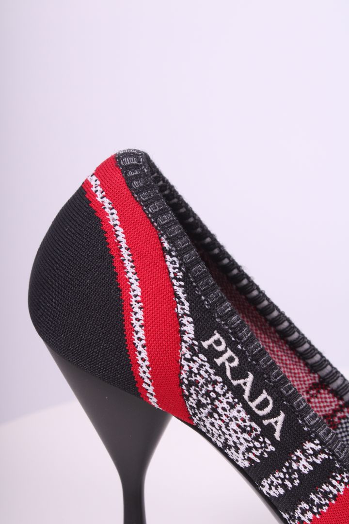 Prada Logo Knit Heels Black/ Red 37.5