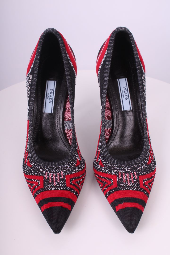 Prada Logo Knit Heels Black/ Red 37.5