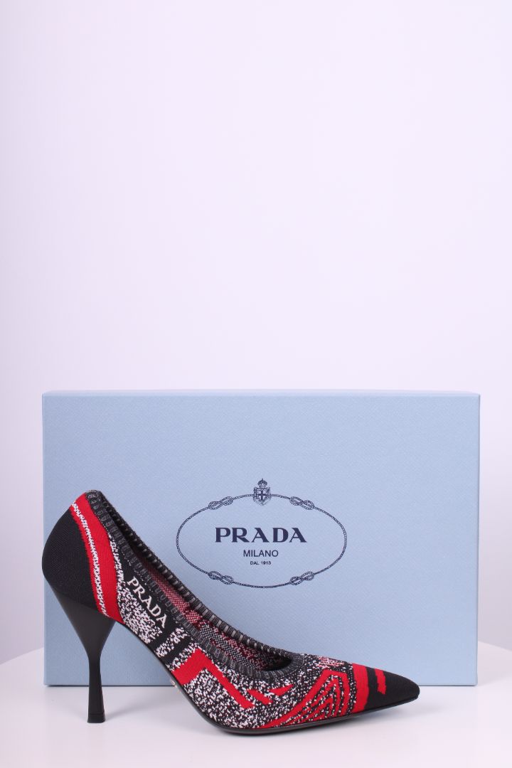 Prada Logo Knit Heels Black/ Red 37.5