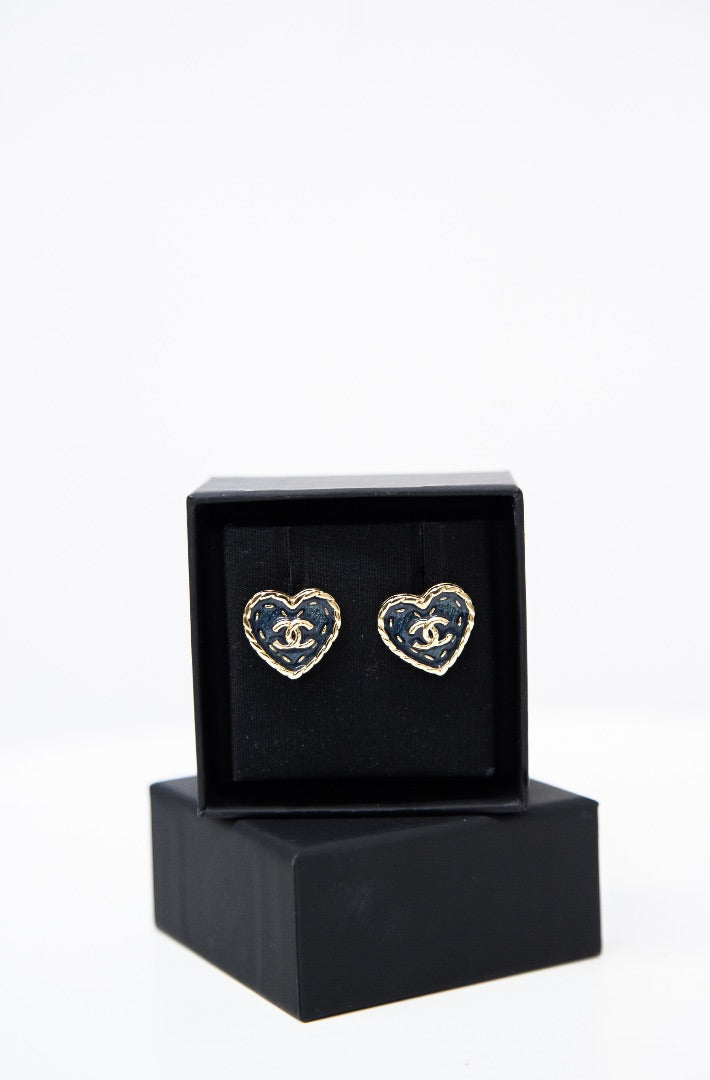 Chanel Heart Stud Earrings Gold/ Blue Colour