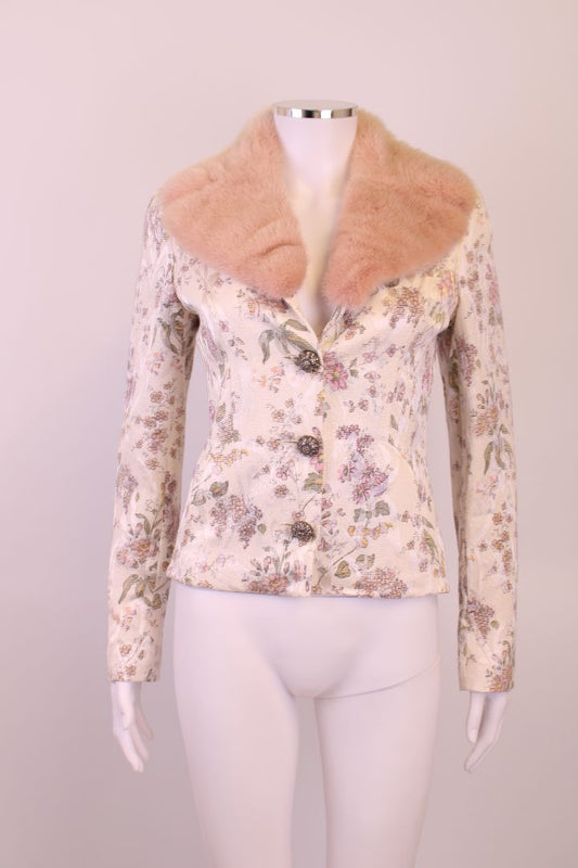 D&G Floral Print Fur Trim Jacket Cream / Pink S