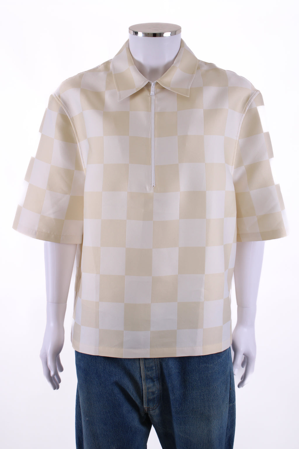 Versace S/S Check Half Zip Top Cream/ White XL