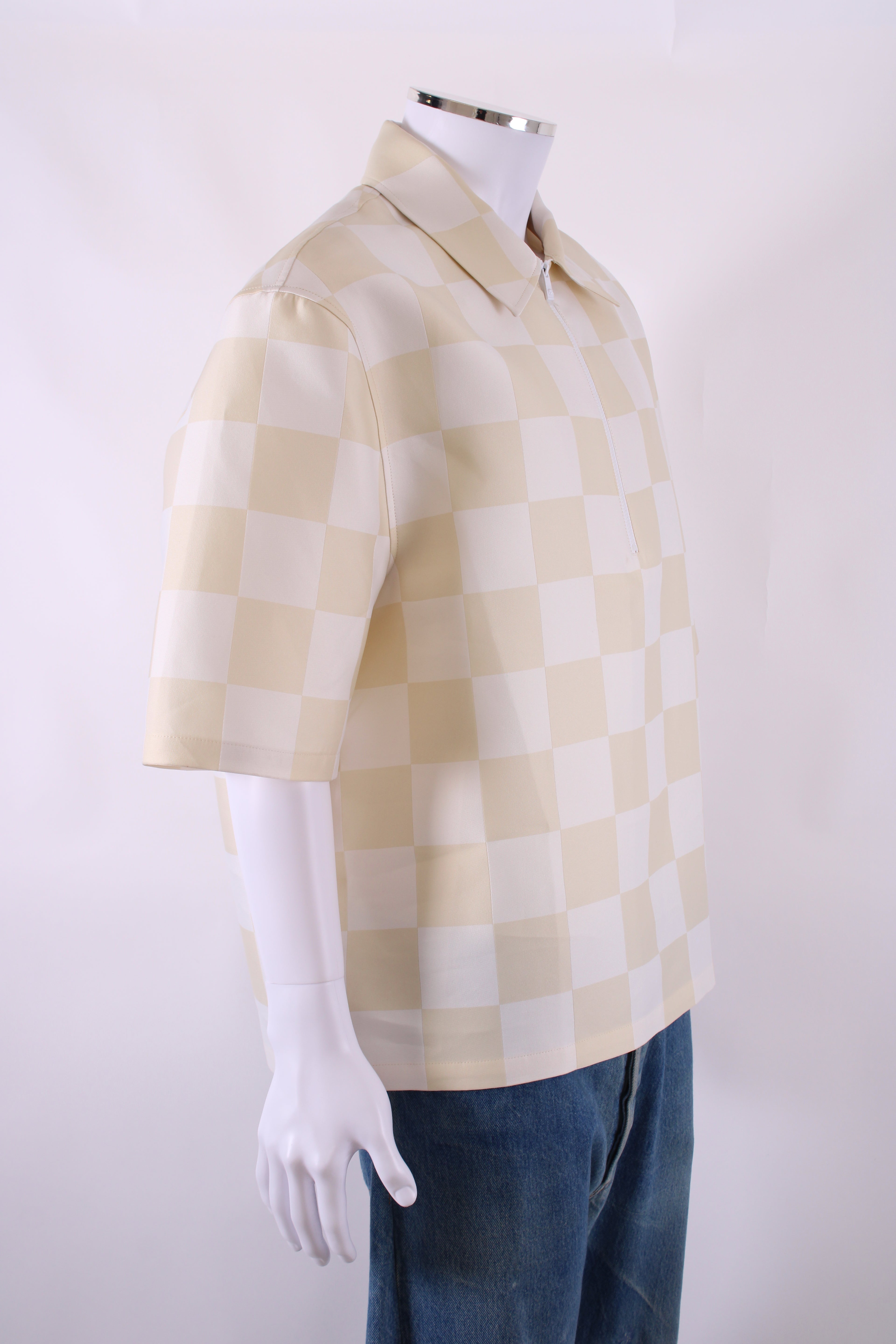 Versace S/S Check Half Zip Top Cream/ White XL