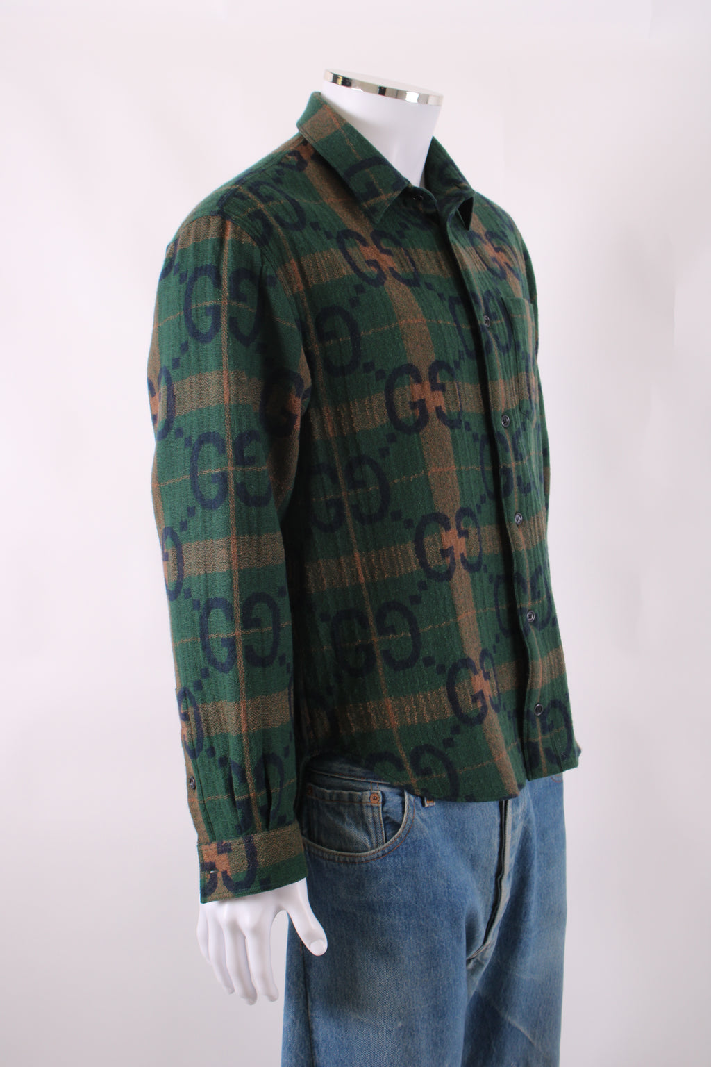 Gucci L/S Check GG Shirt Green/ Brown M