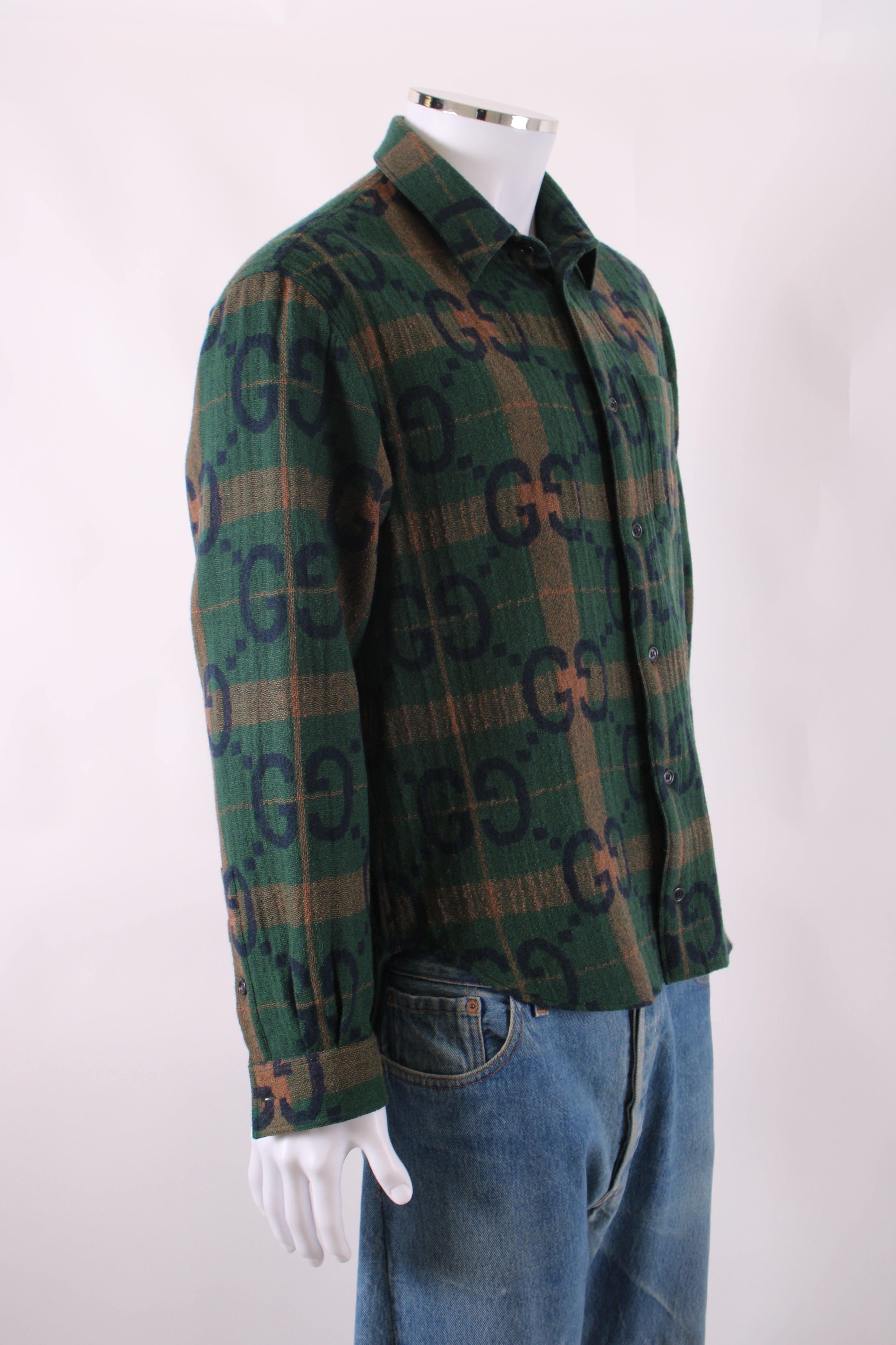 Gucci L/S Check GG Shirt Green/ Brown M