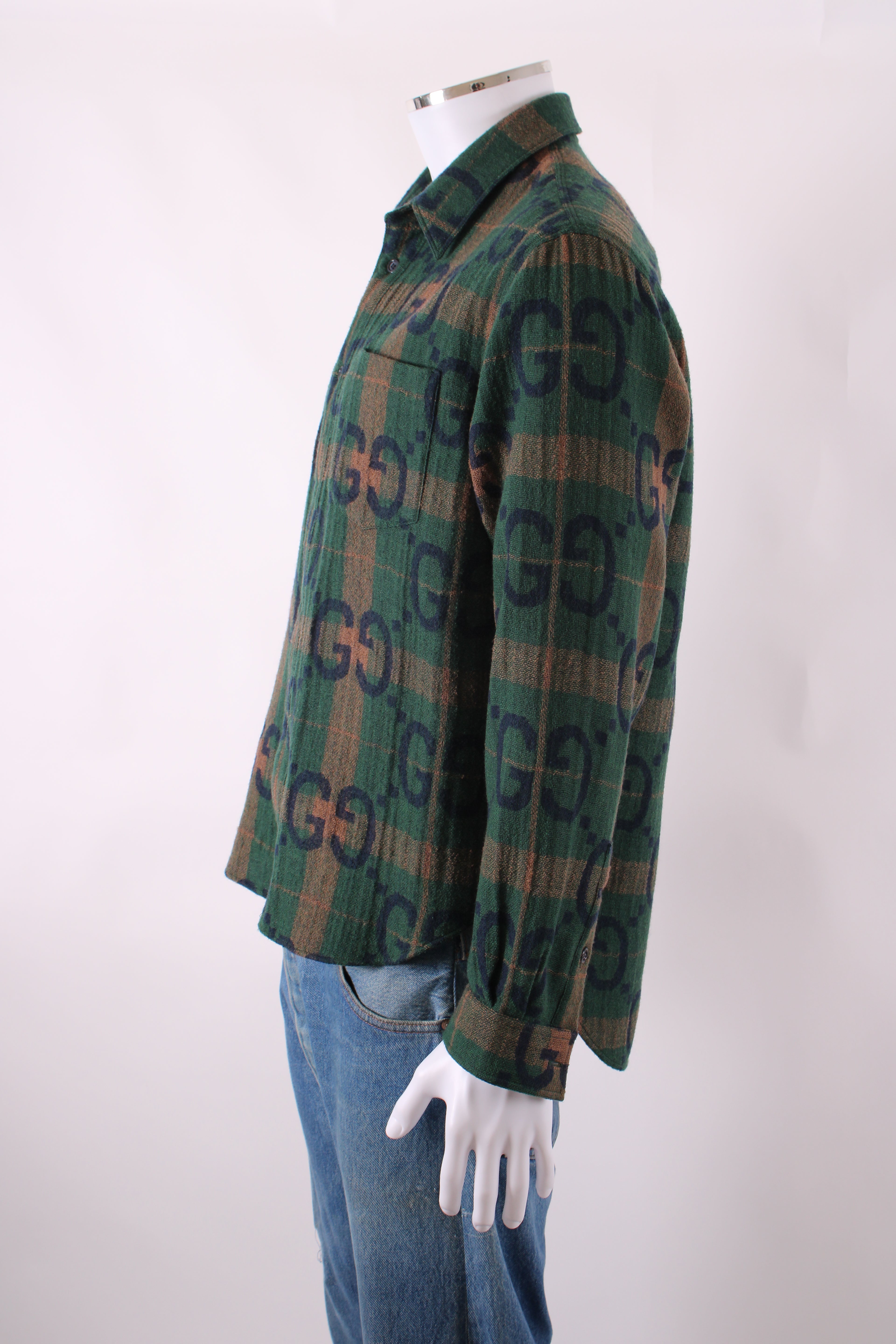 Gucci L/S Check GG Shirt Green/ Brown M