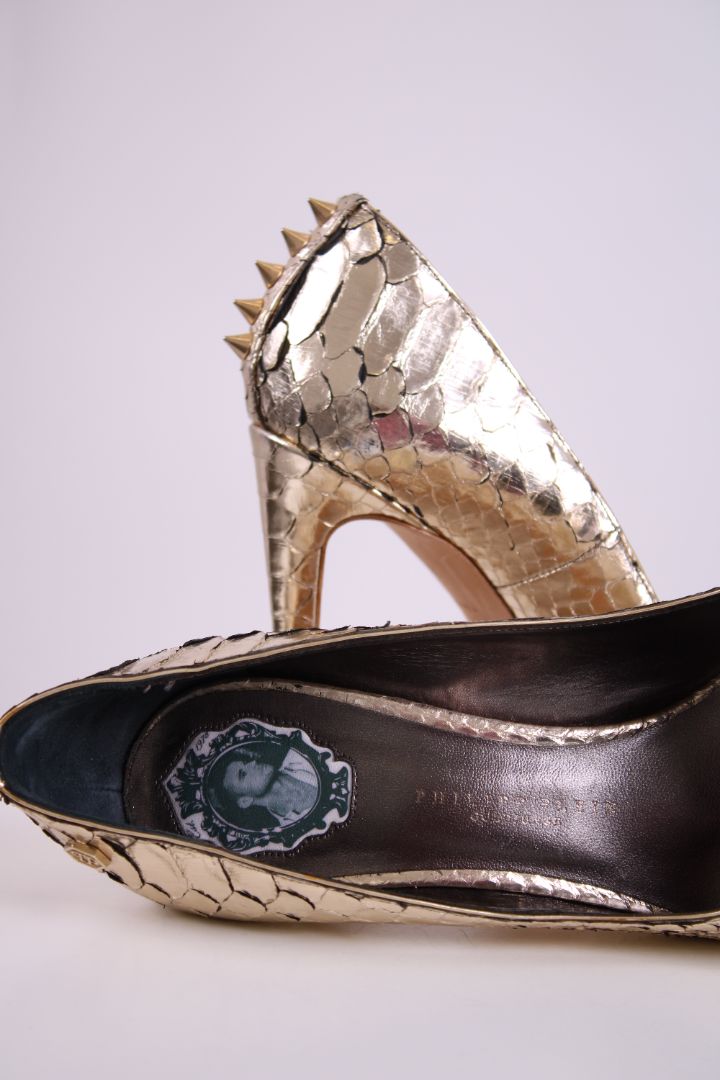Philip Plein Python Studded Pointed toe heels Gold 39