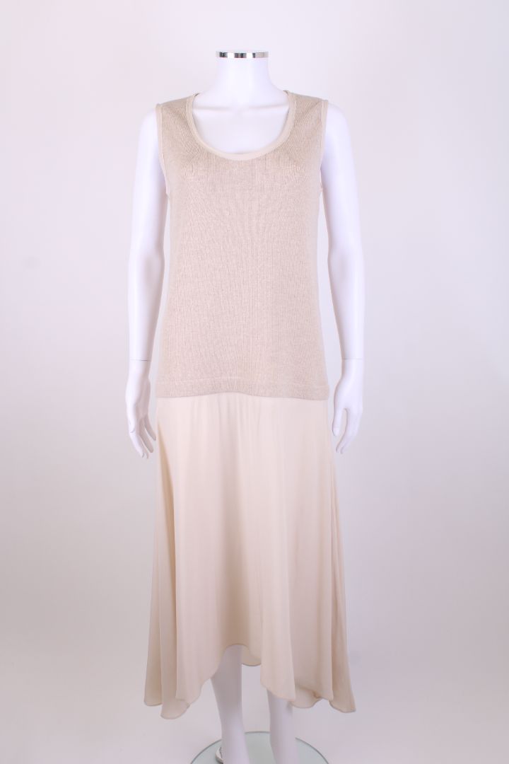Agnona S/S Rib Knit/ Silk Dress Beige M