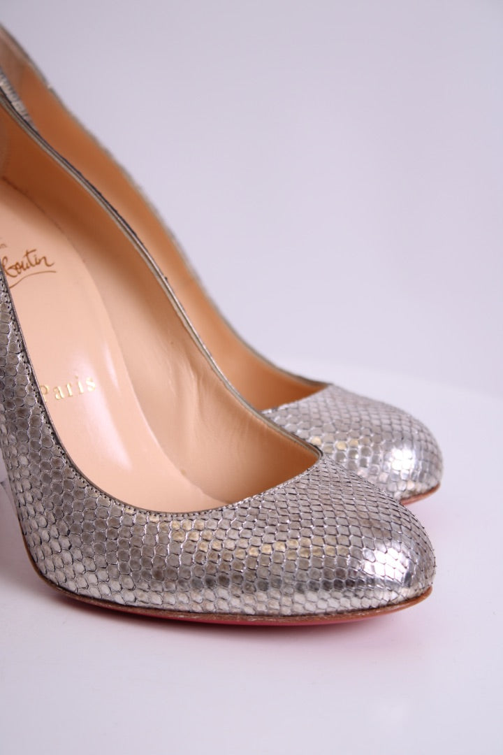 Christian Louboutin Fifi Round Toe Pump Silver Snake 38.5