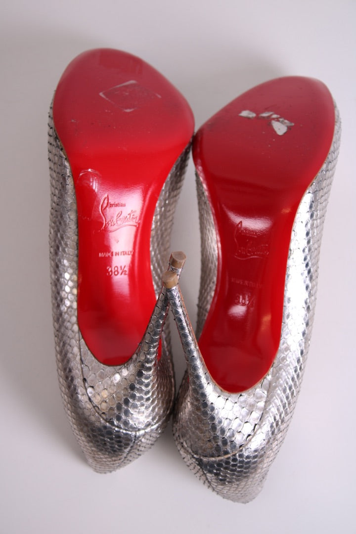 Christian Louboutin Fifi Round Toe Pump Silver Snake 38.5