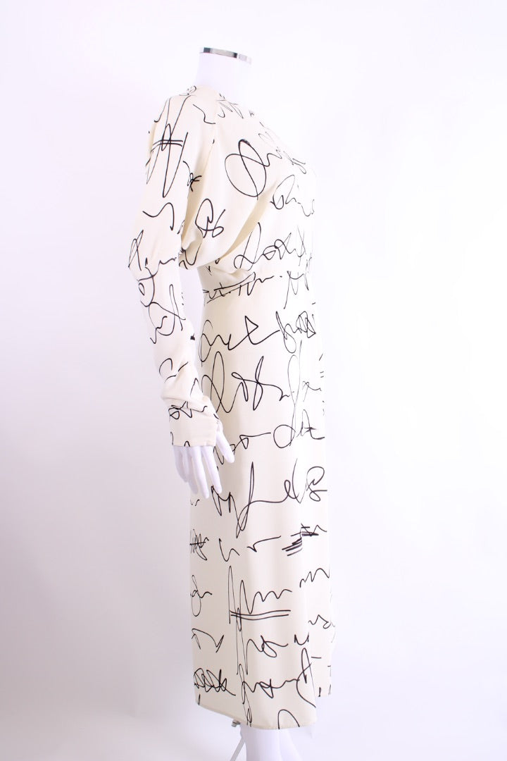 Victoria Beckham Scribble Print Crepe Dress White/ Black 10