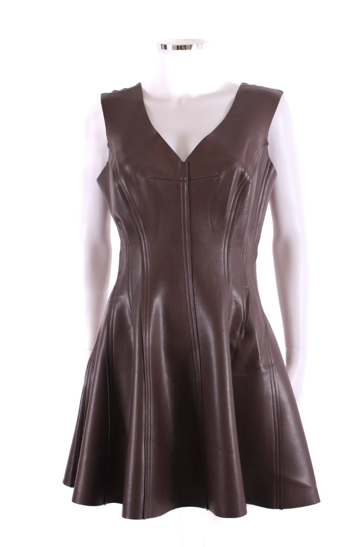 Norma Kamali Faux Leather Skater Dress Brown L