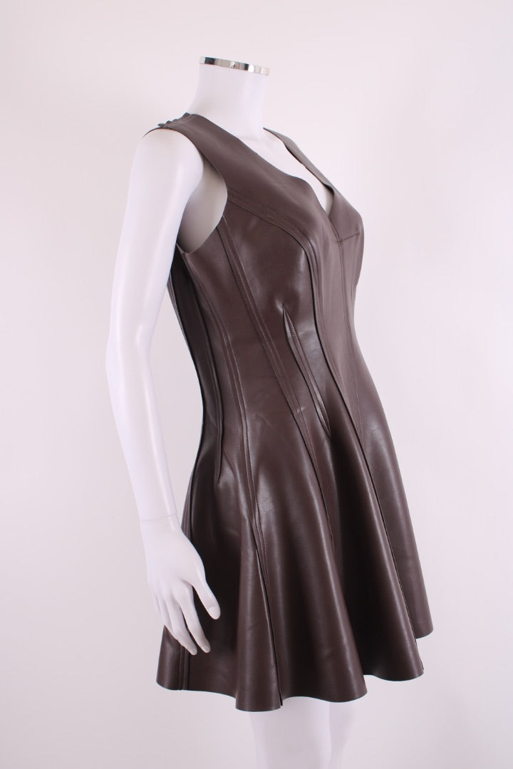 Norma Kamali Faux Leather Skater Dress Brown L