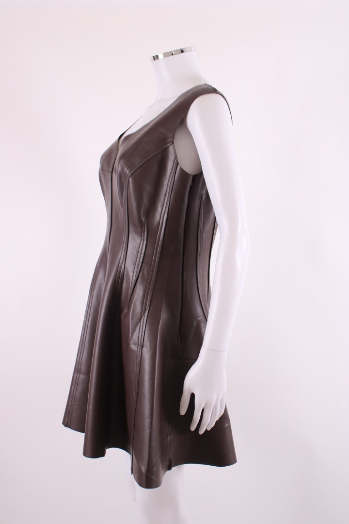 Norma Kamali Faux Leather Skater Dress Brown L