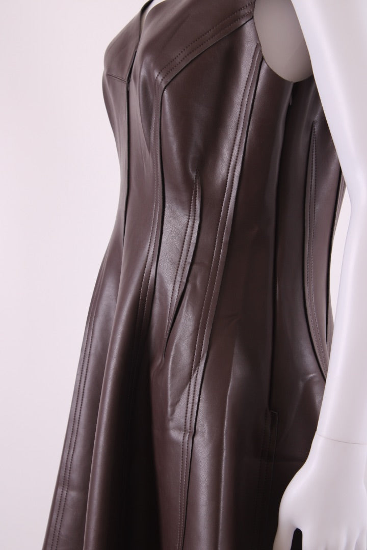Norma Kamali Faux Leather Skater Dress Brown L