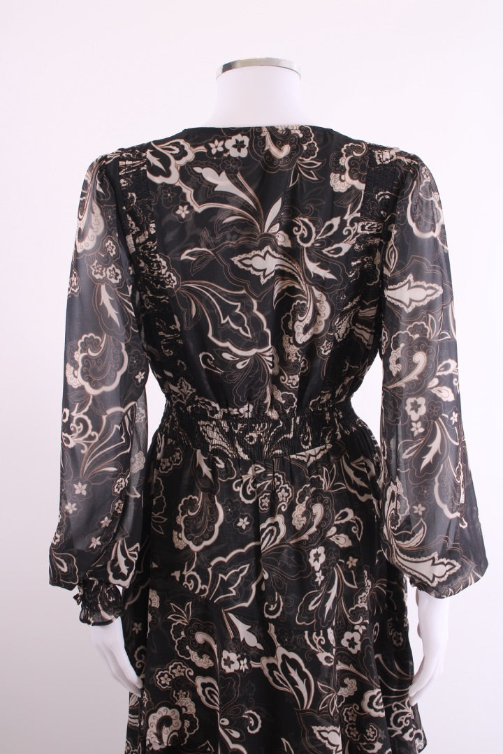 Hale Bob L/S Print V Neck Dress Black/ Cream M