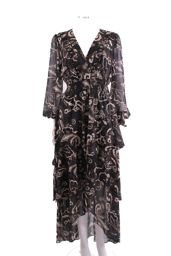 Hale Bob L/S Print V Neck Dress Black/ Cream M