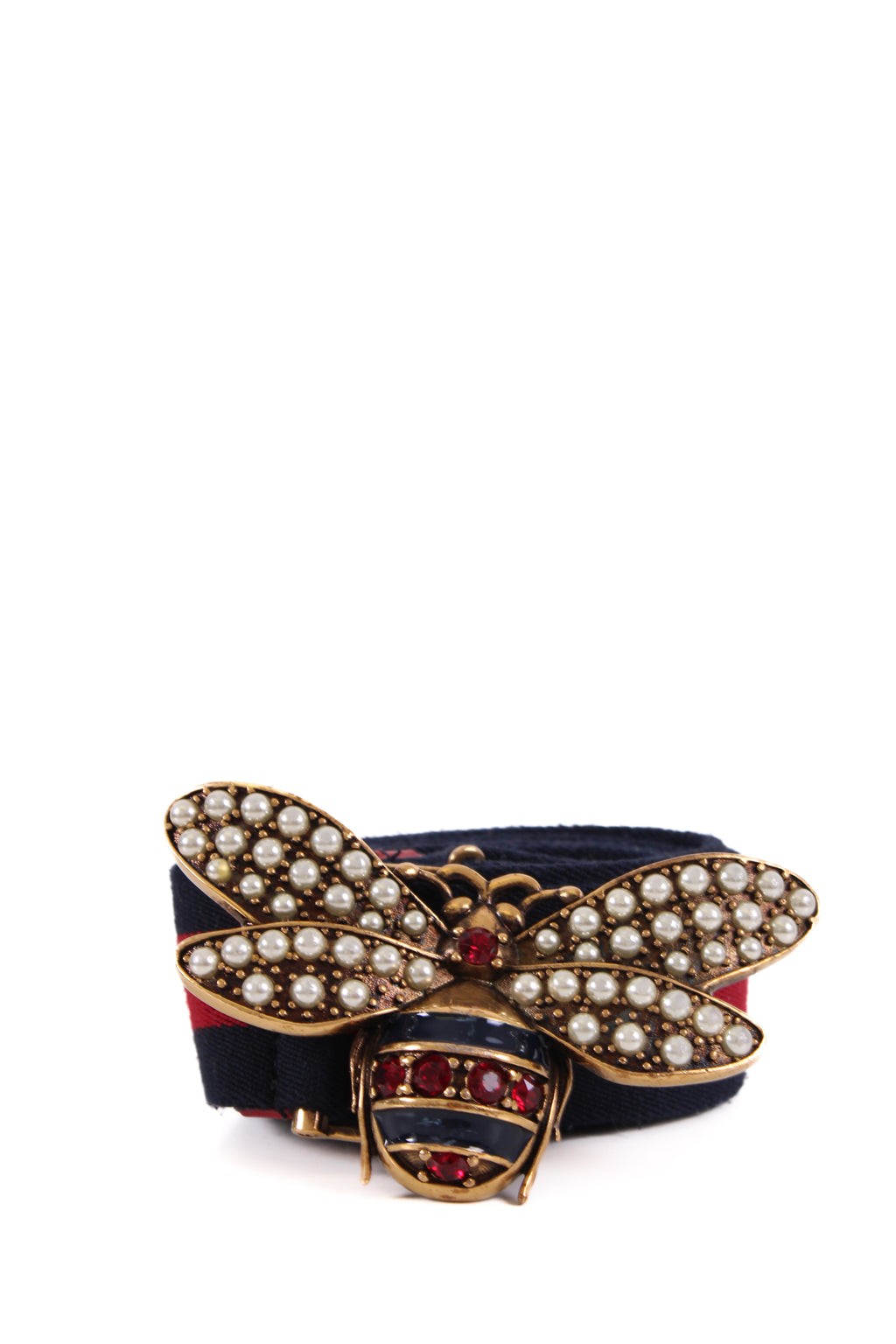 Gucci Embellished Bee Belt Navy/ Red 90