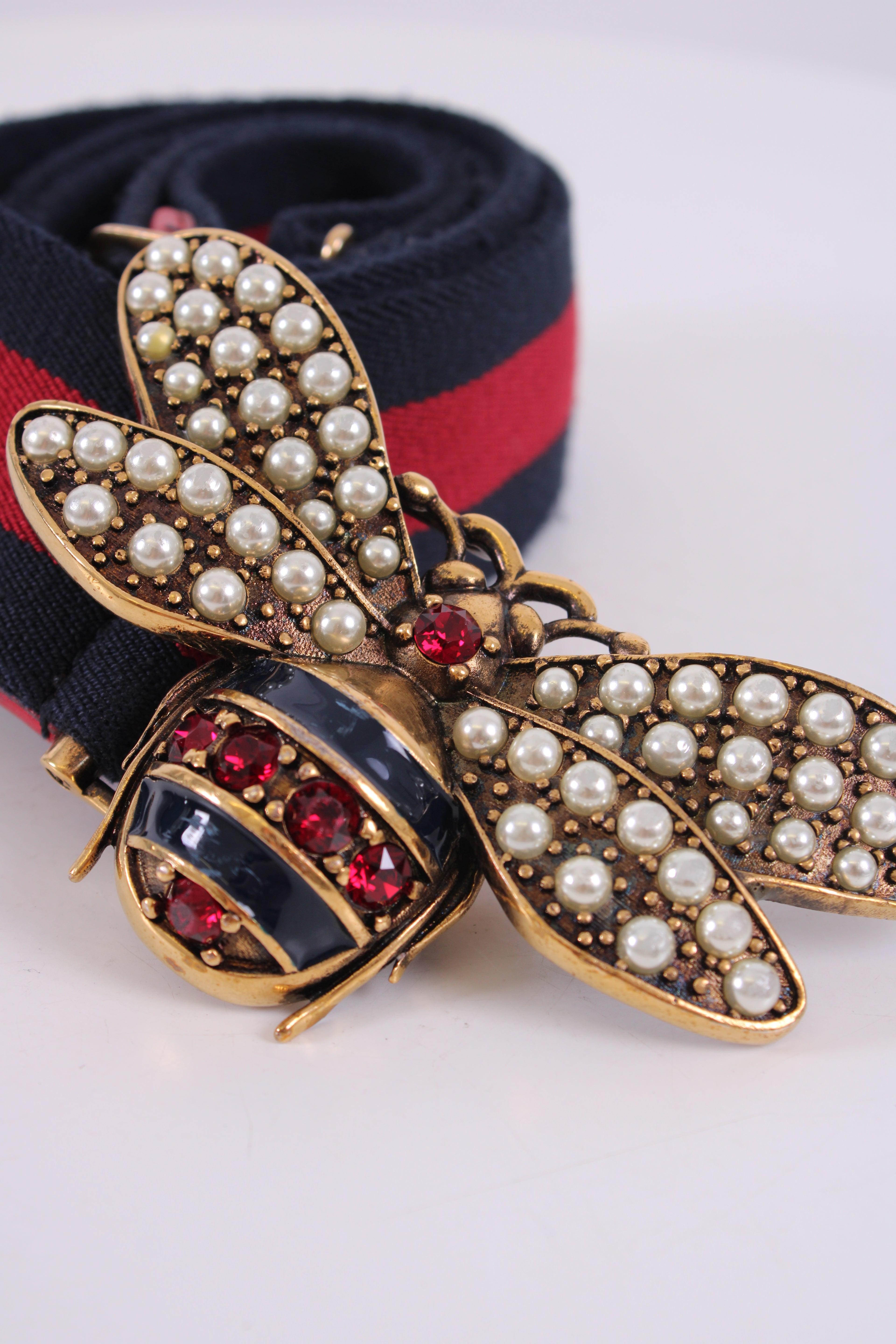Gucci Embellished Bee Belt Navy/ Red 90