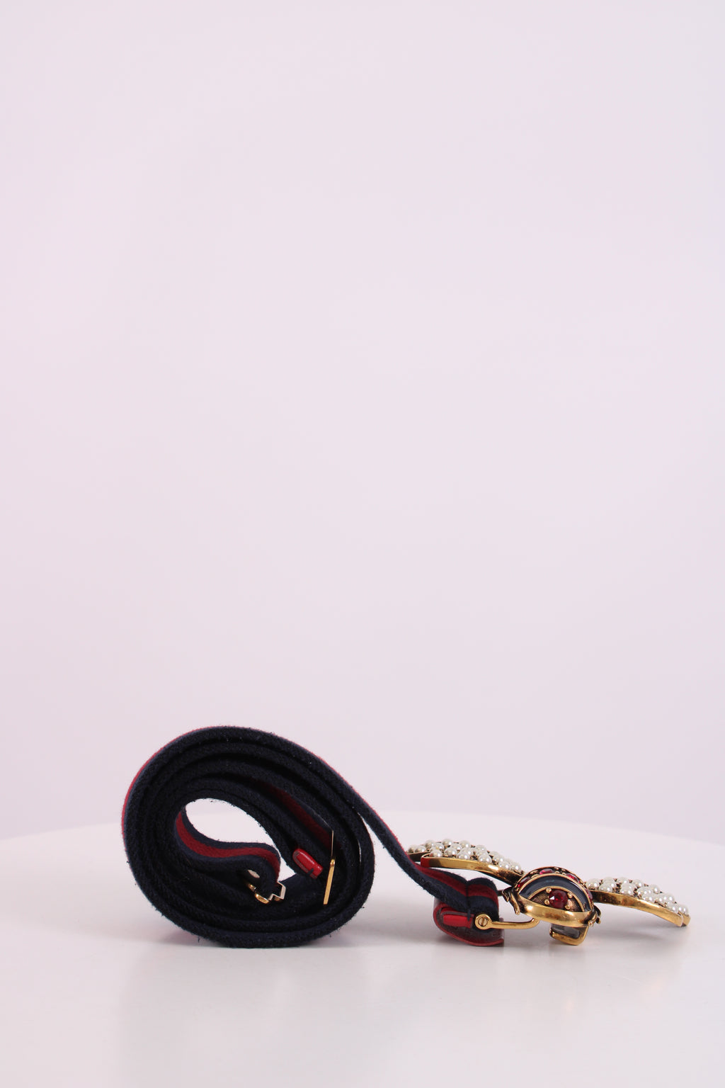 Gucci Embellished Bee Belt Navy/ Red 90