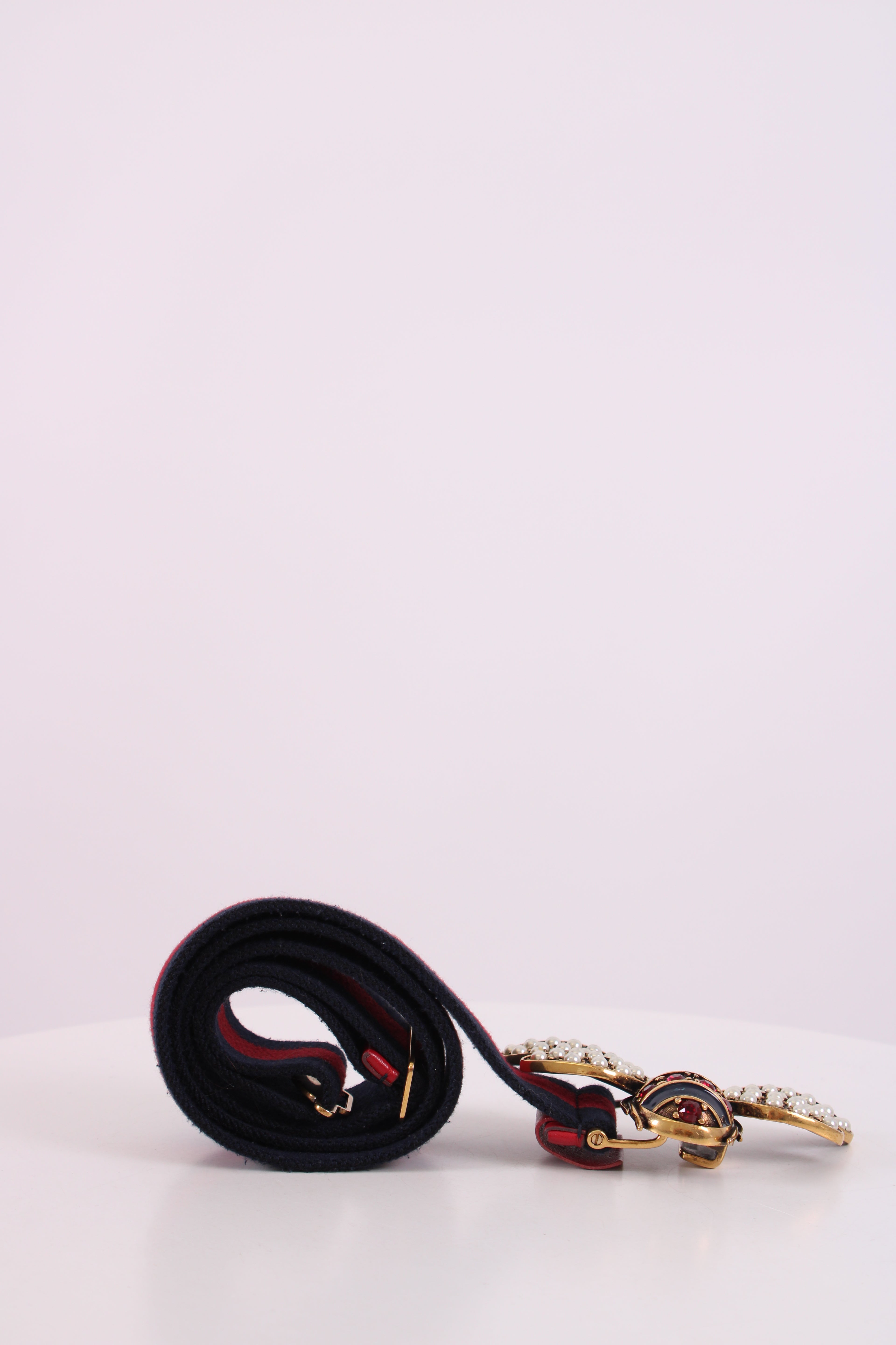 Gucci Embellished Bee Belt Navy/ Red 90