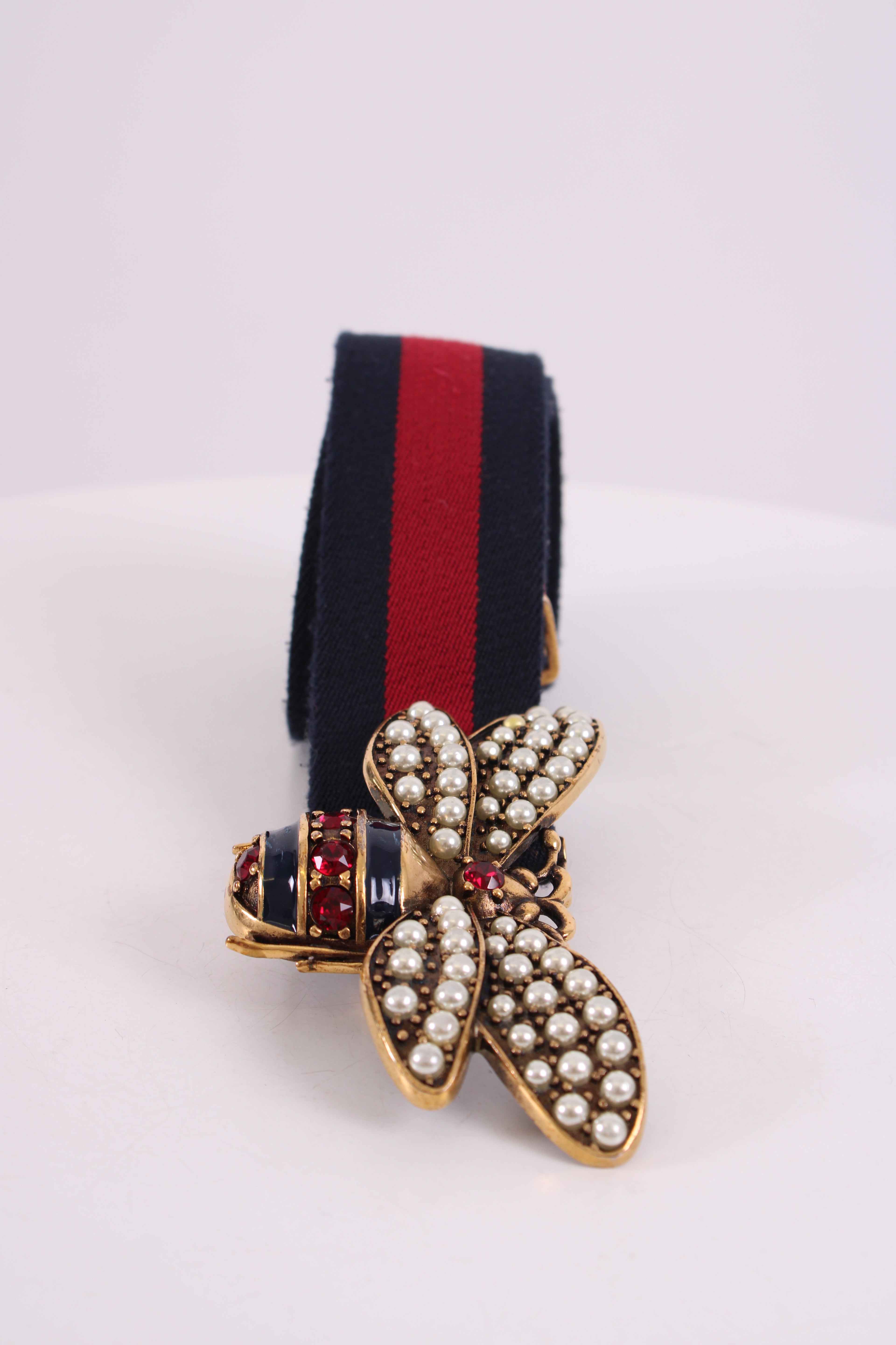 Gucci Embellished Bee Belt Navy/ Red 90