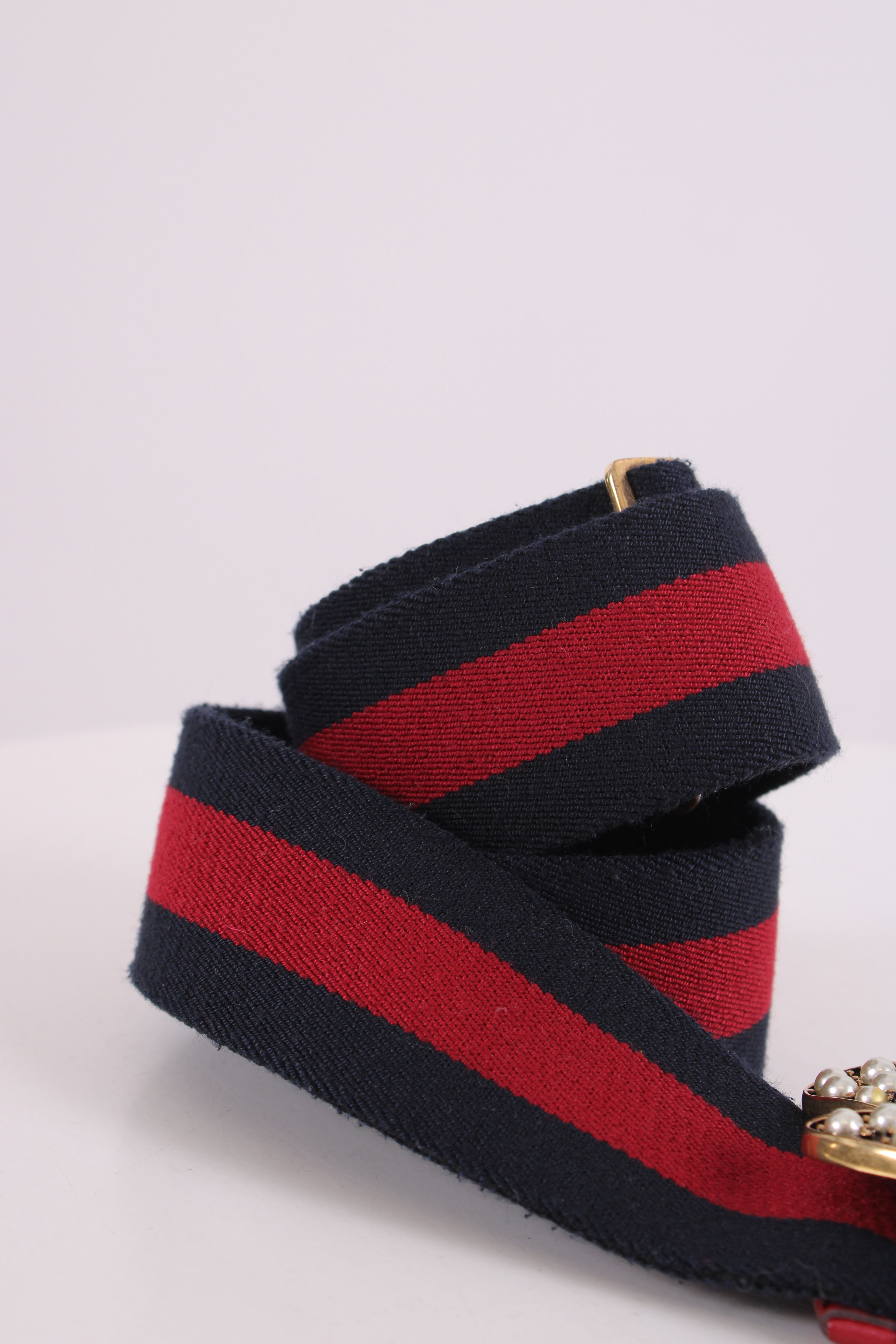 Gucci Embellished Bee Belt Navy/ Red 90