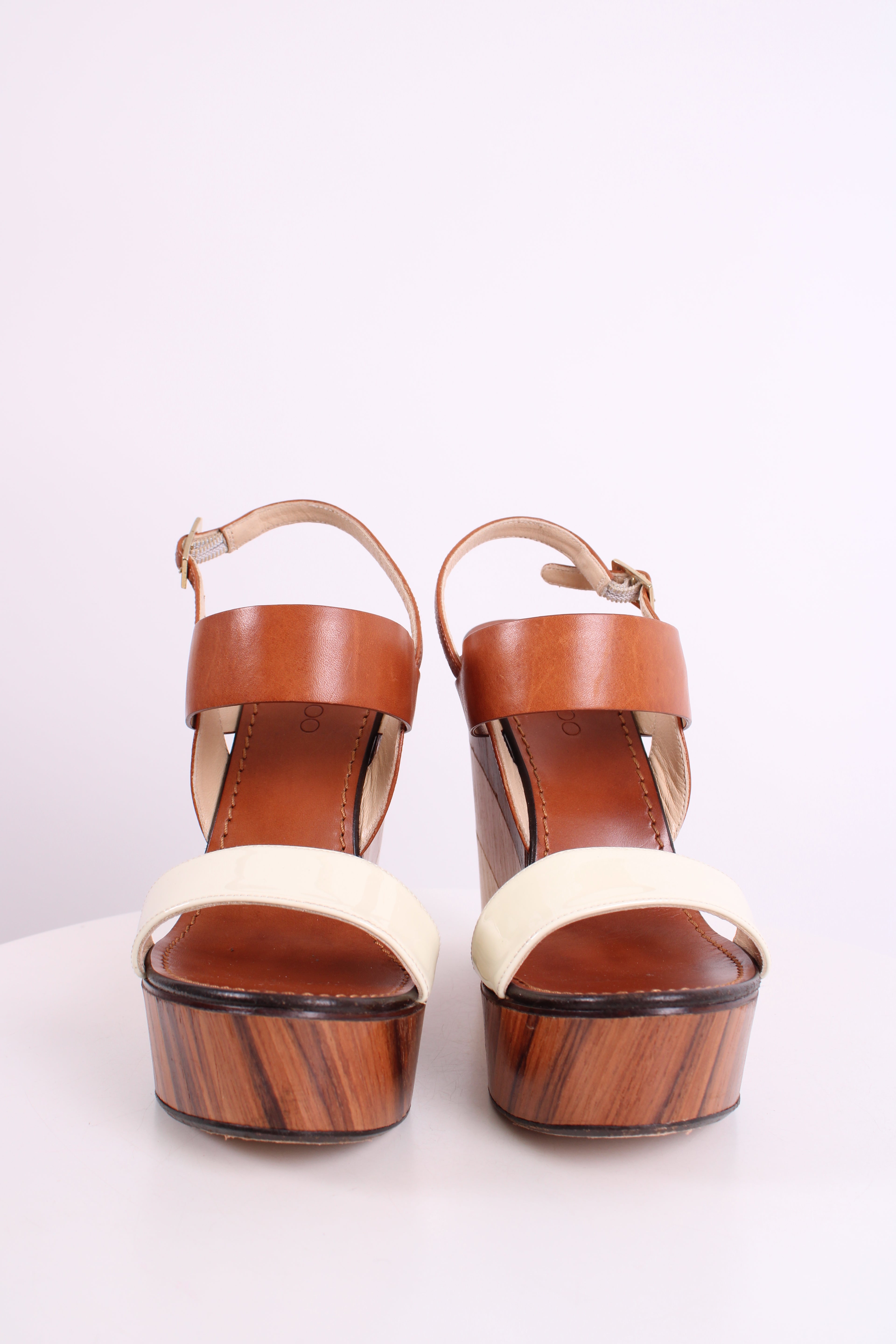 Jimmy Choo Wooden Block Wedges Tan/Cream 38.5