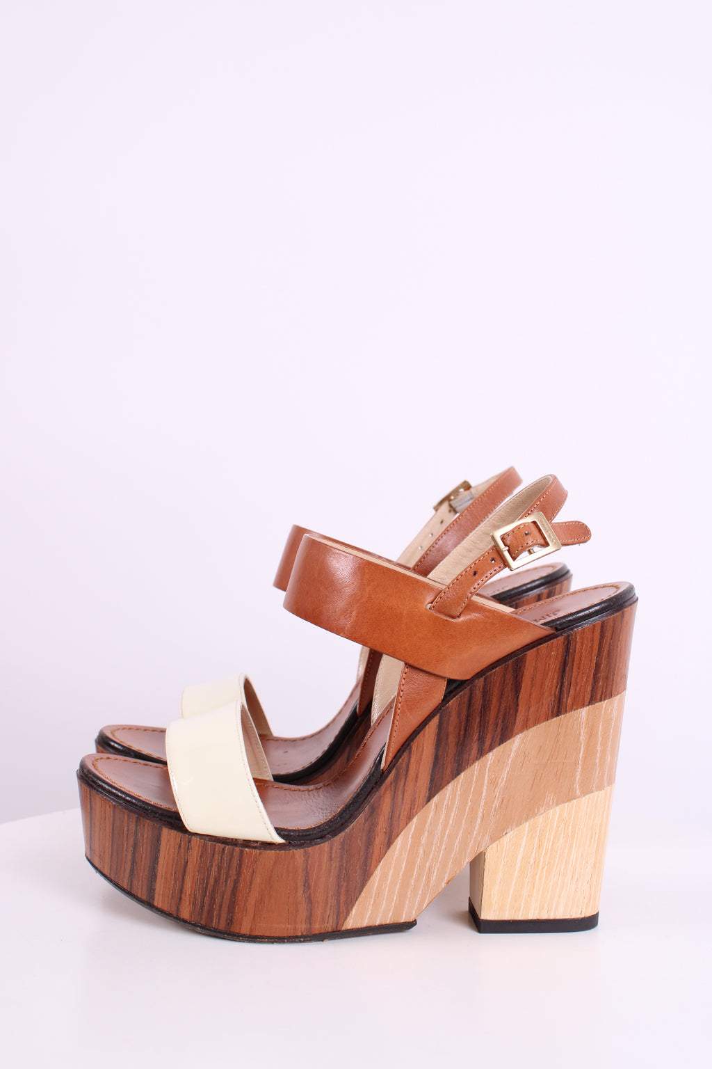 Jimmy Choo Wooden Block Wedges Tan/Cream 38.5