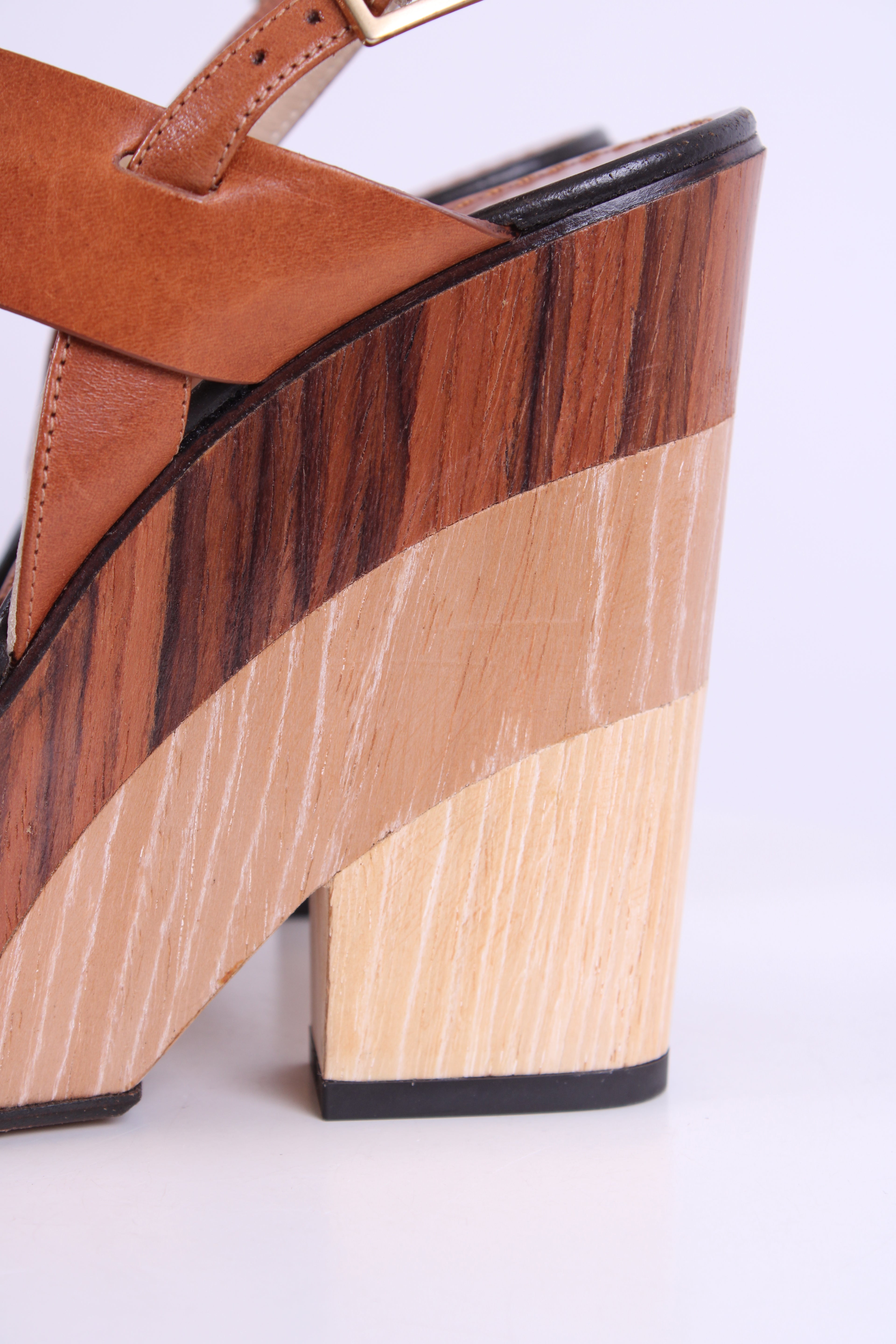 Jimmy Choo Wooden Block Wedges Tan/Cream 38.5