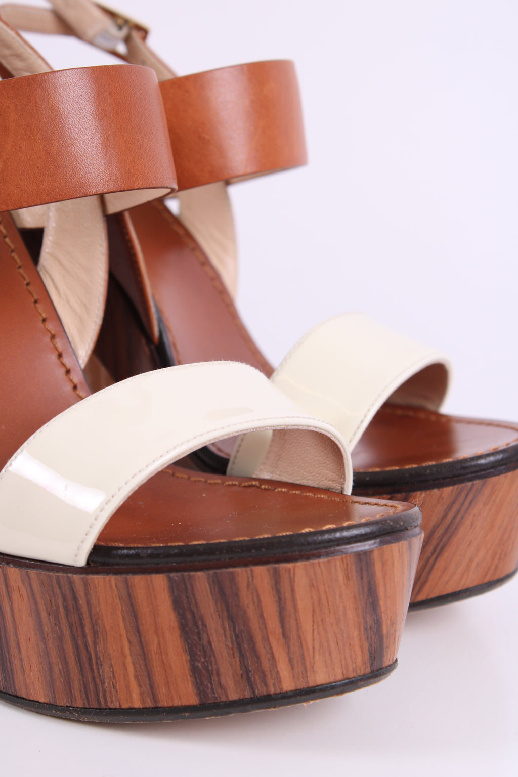 Jimmy Choo Wooden Block Wedges Tan/Cream 38.5