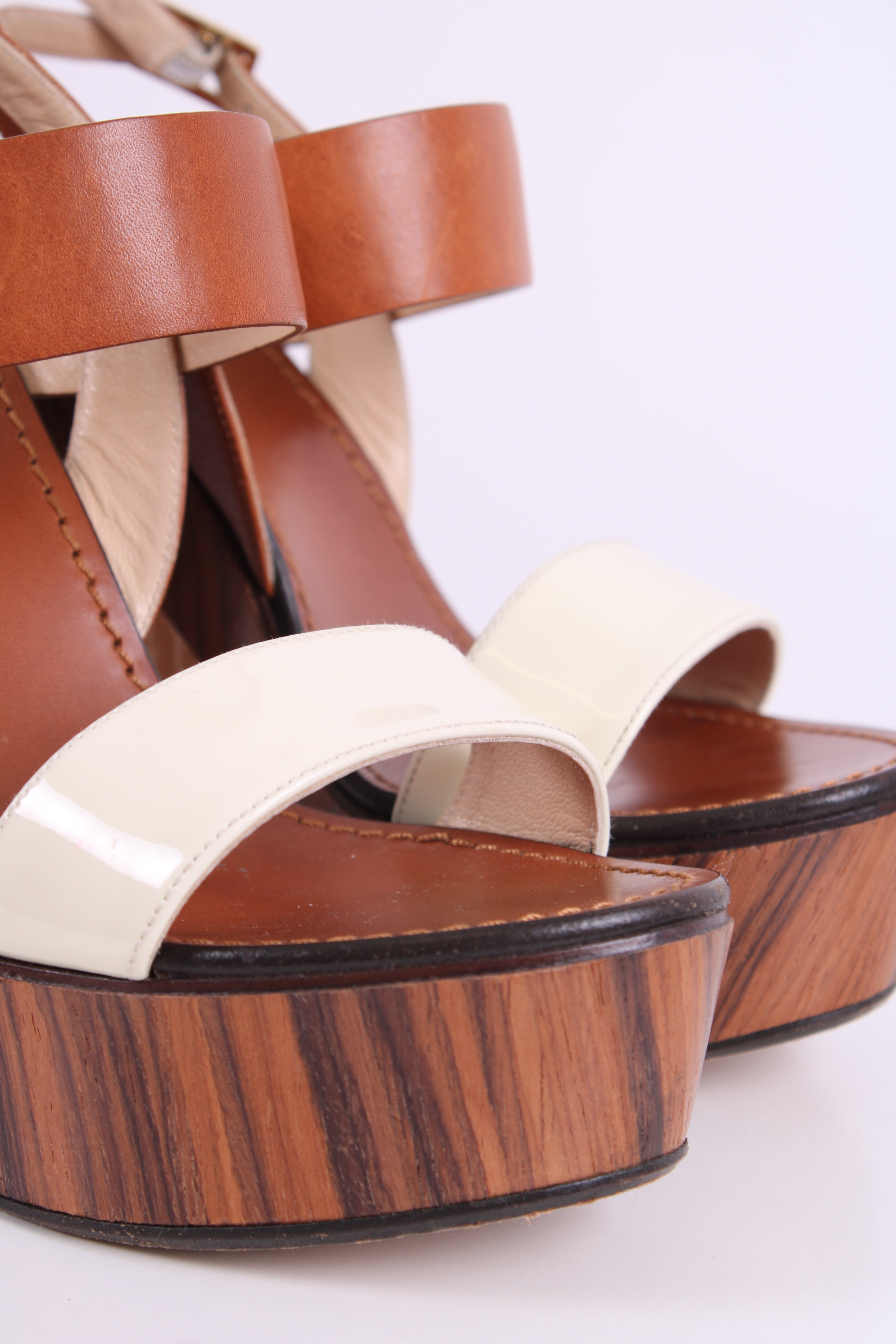 Jimmy Choo Wooden Block Wedges Tan/Cream 38.5