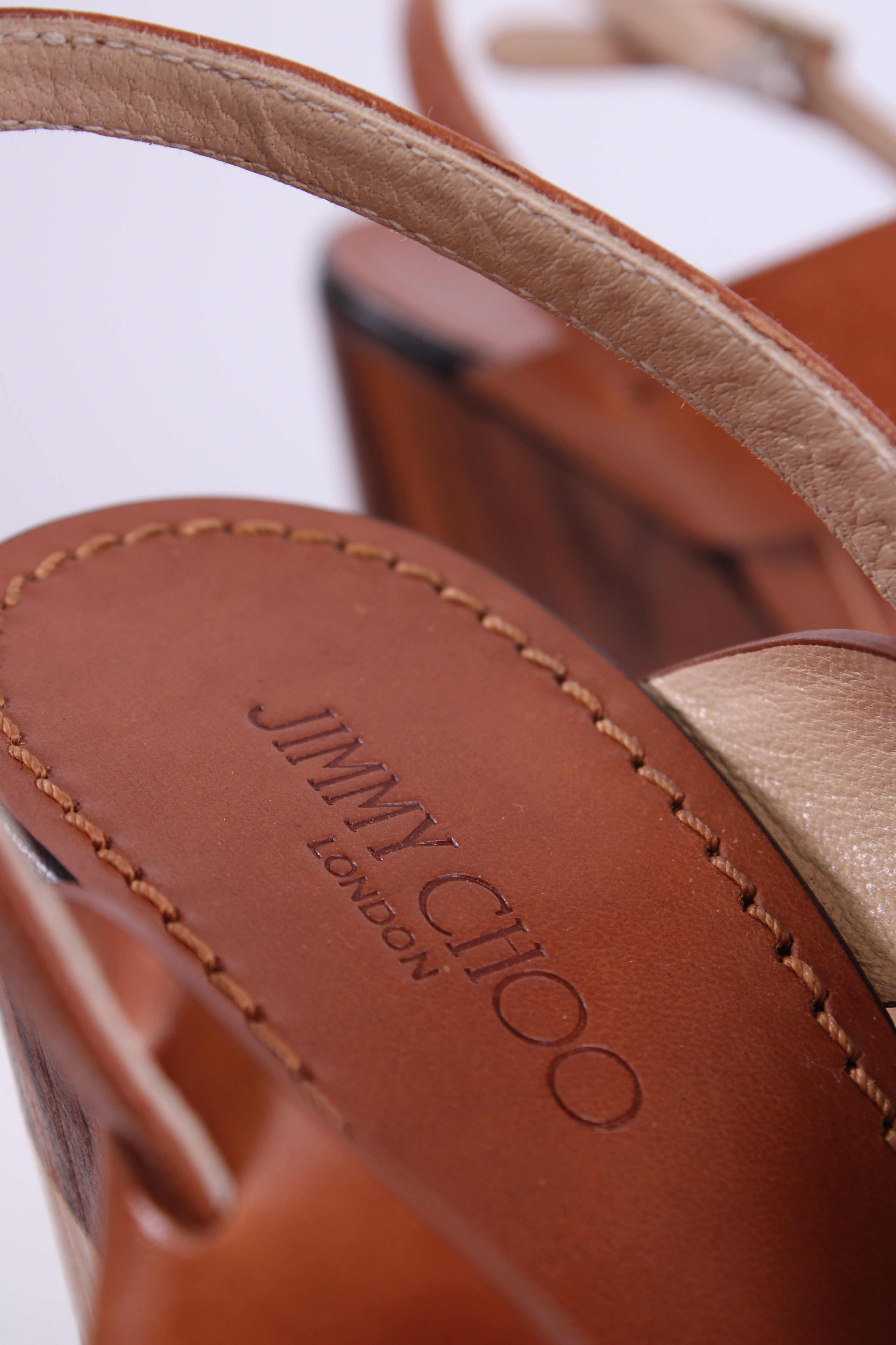 Jimmy Choo Wooden Block Wedges Tan/Cream 38.5
