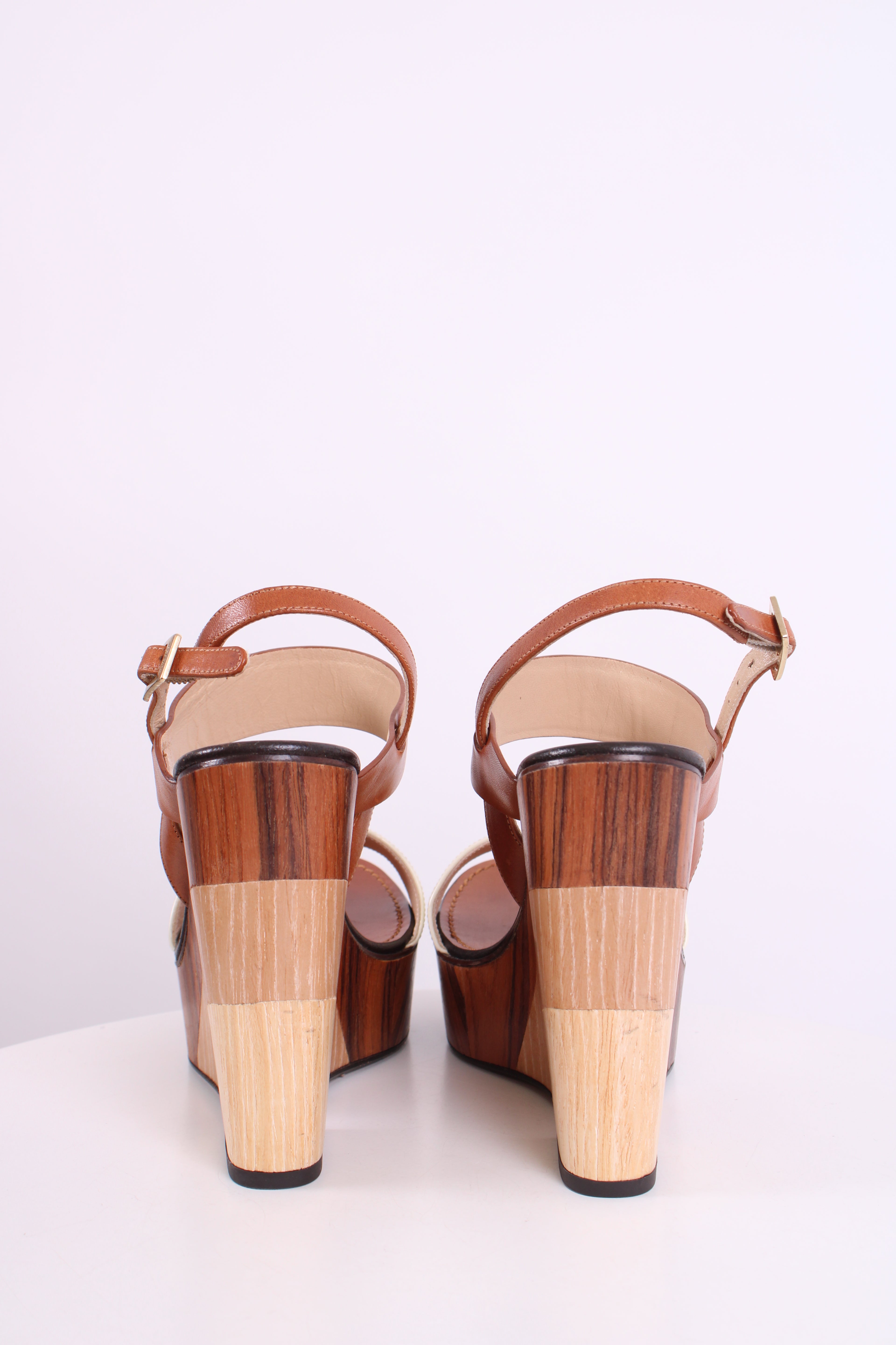 Jimmy Choo Wooden Block Wedges Tan/Cream 38.5