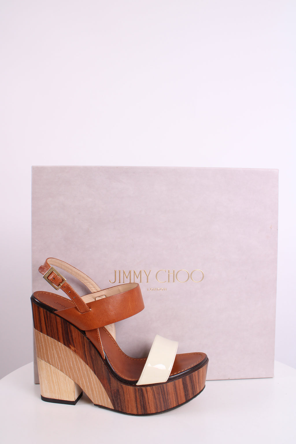 Jimmy Choo Wooden Block Wedges Tan/Cream 38.5