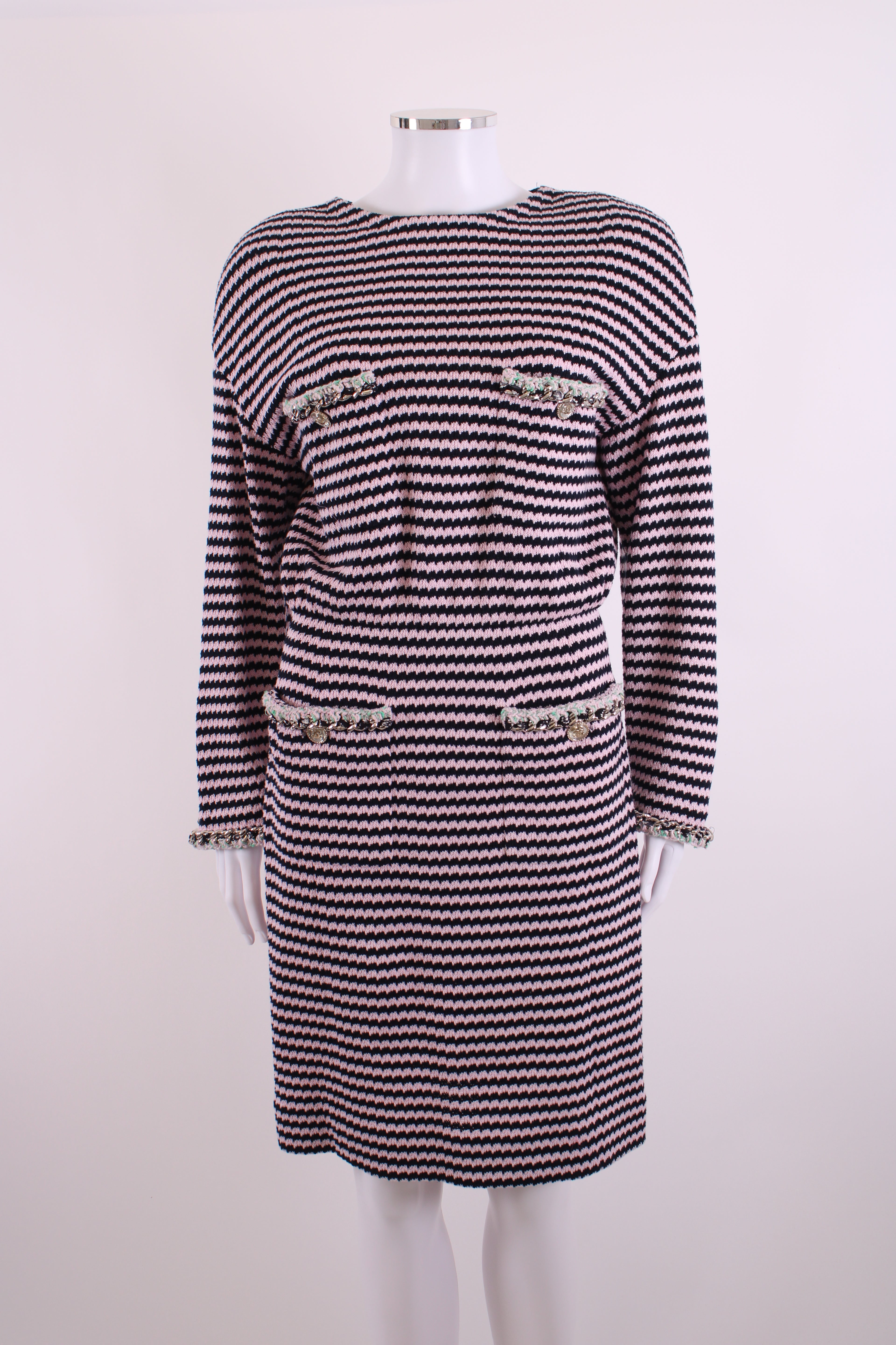 Chanel Knitted Dress with Chain Pocket Pink & Navy Stripe 38