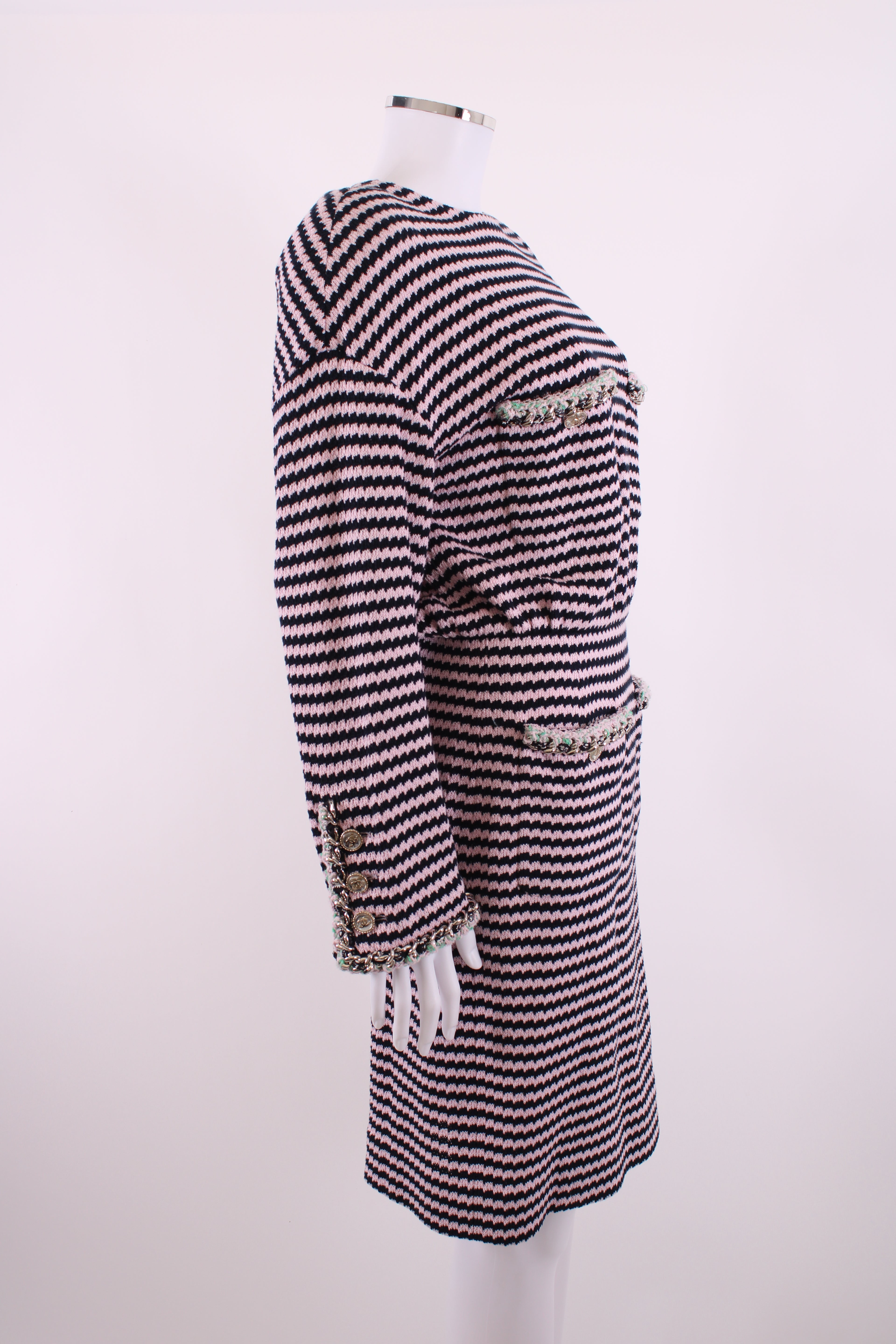Chanel Knitted Dress with Chain Pocket Pink & Navy Stripe 38