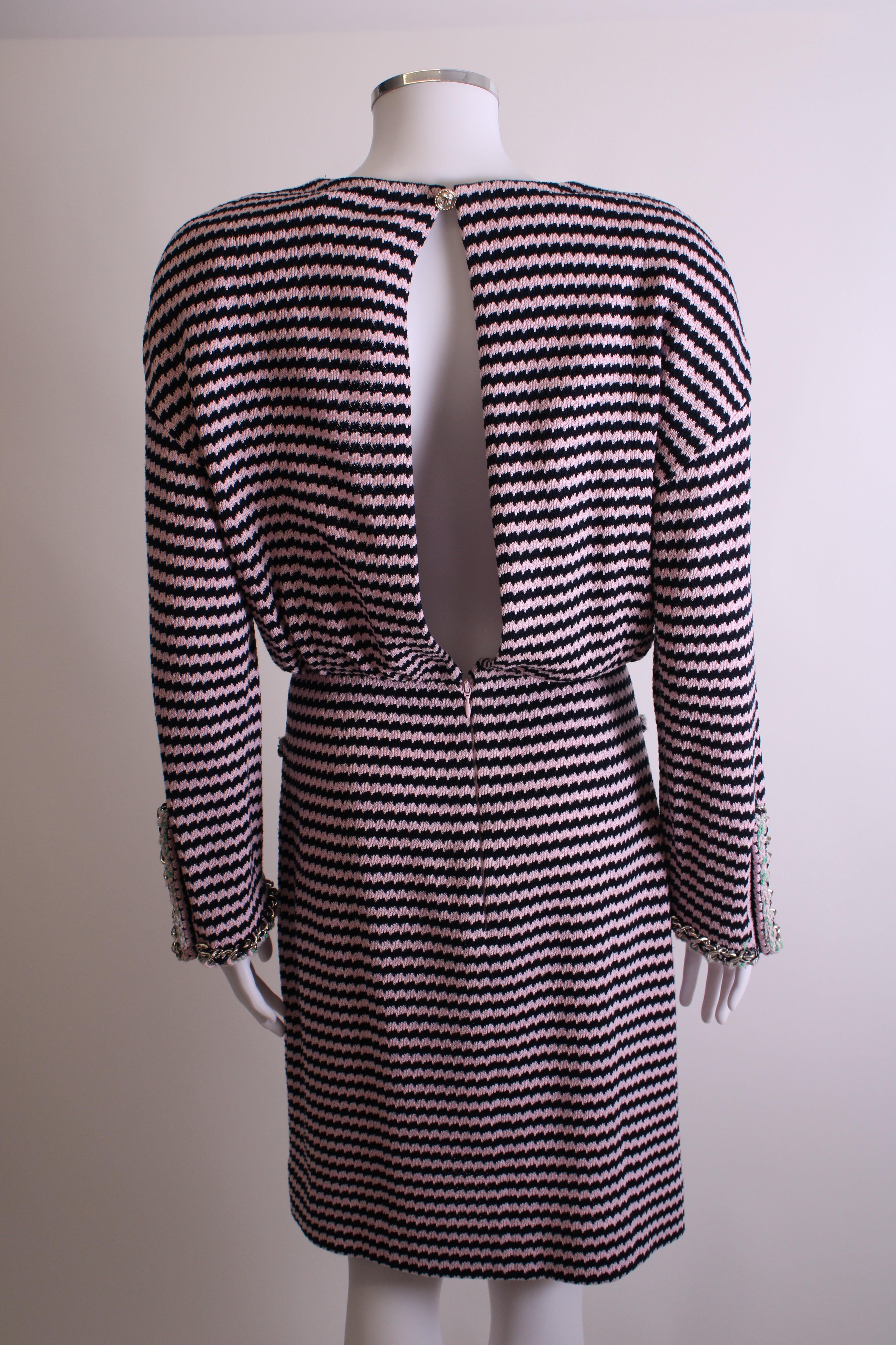 Chanel Knitted Dress with Chain Pocket Pink & Navy Stripe 38