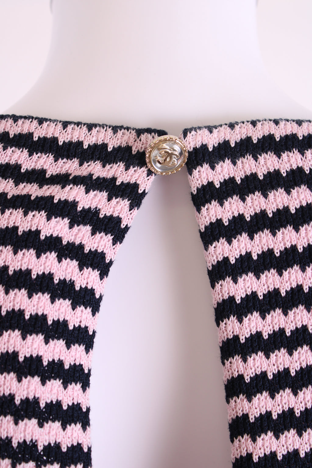 Chanel Knitted Dress with Chain Pocket Pink & Navy Stripe 38