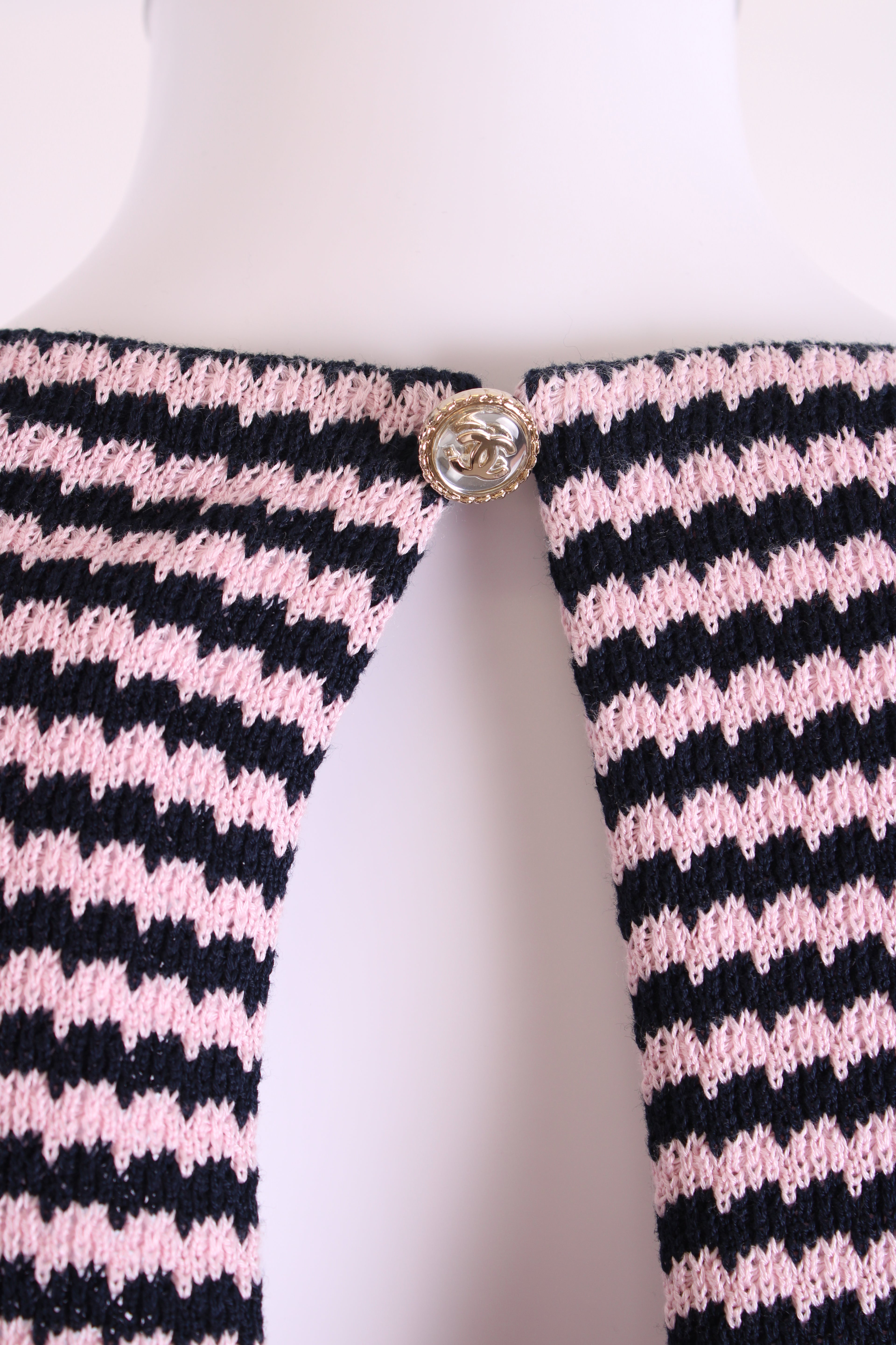 Chanel Knitted Dress with Chain Pocket Pink & Navy Stripe 38