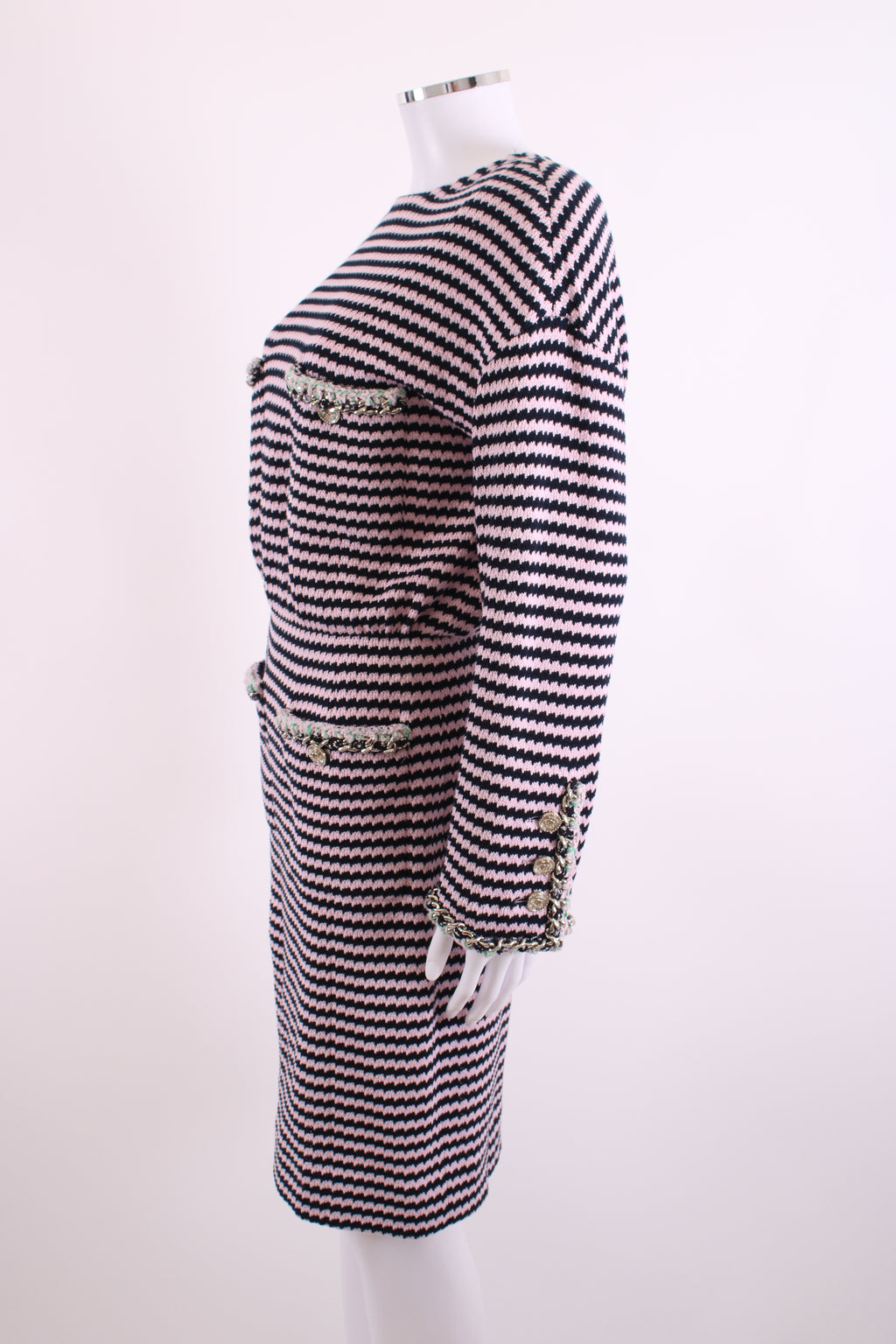 Chanel Knitted Dress with Chain Pocket Pink & Navy Stripe 38