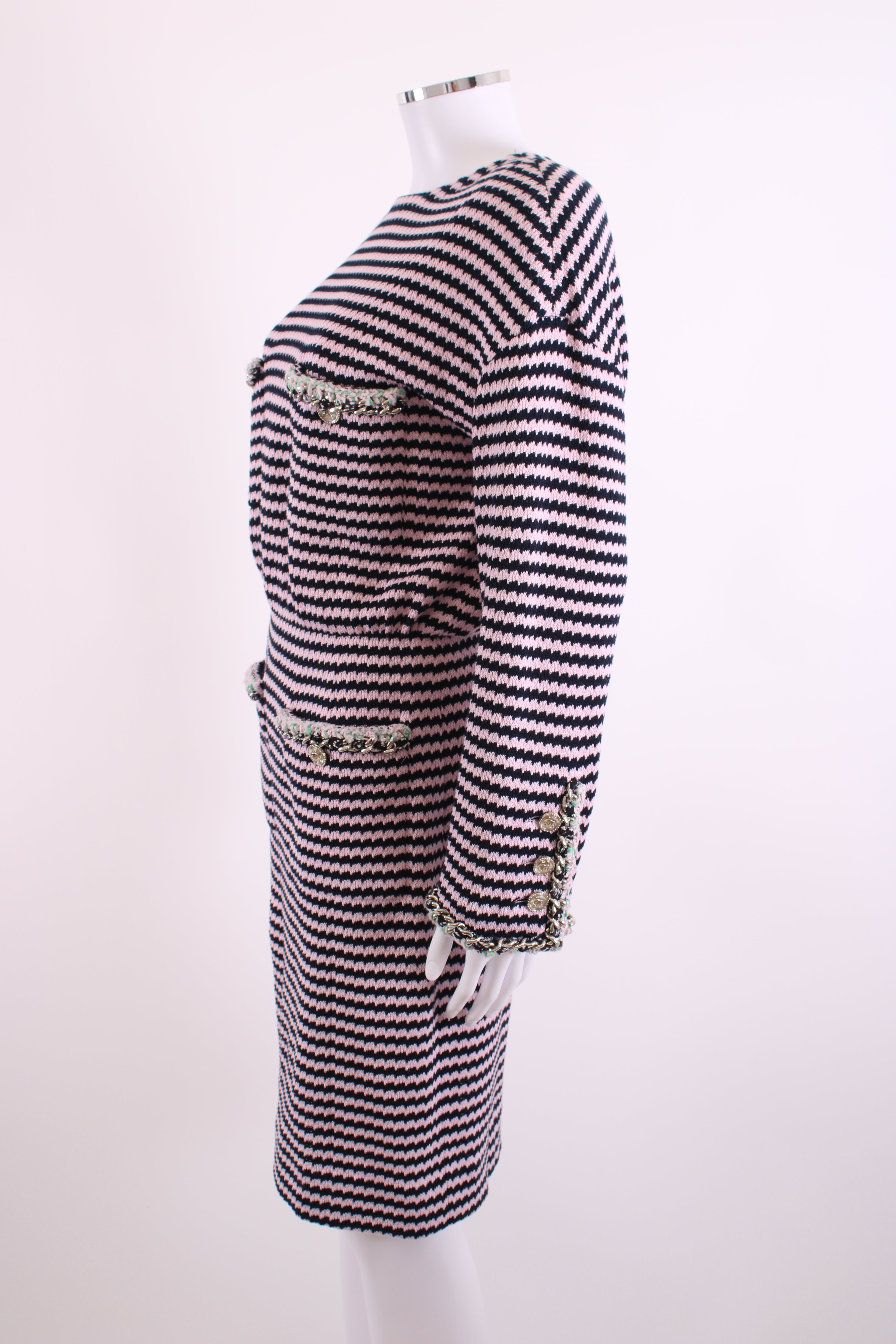 Chanel Knitted Dress with Chain Pocket Pink & Navy Stripe 38