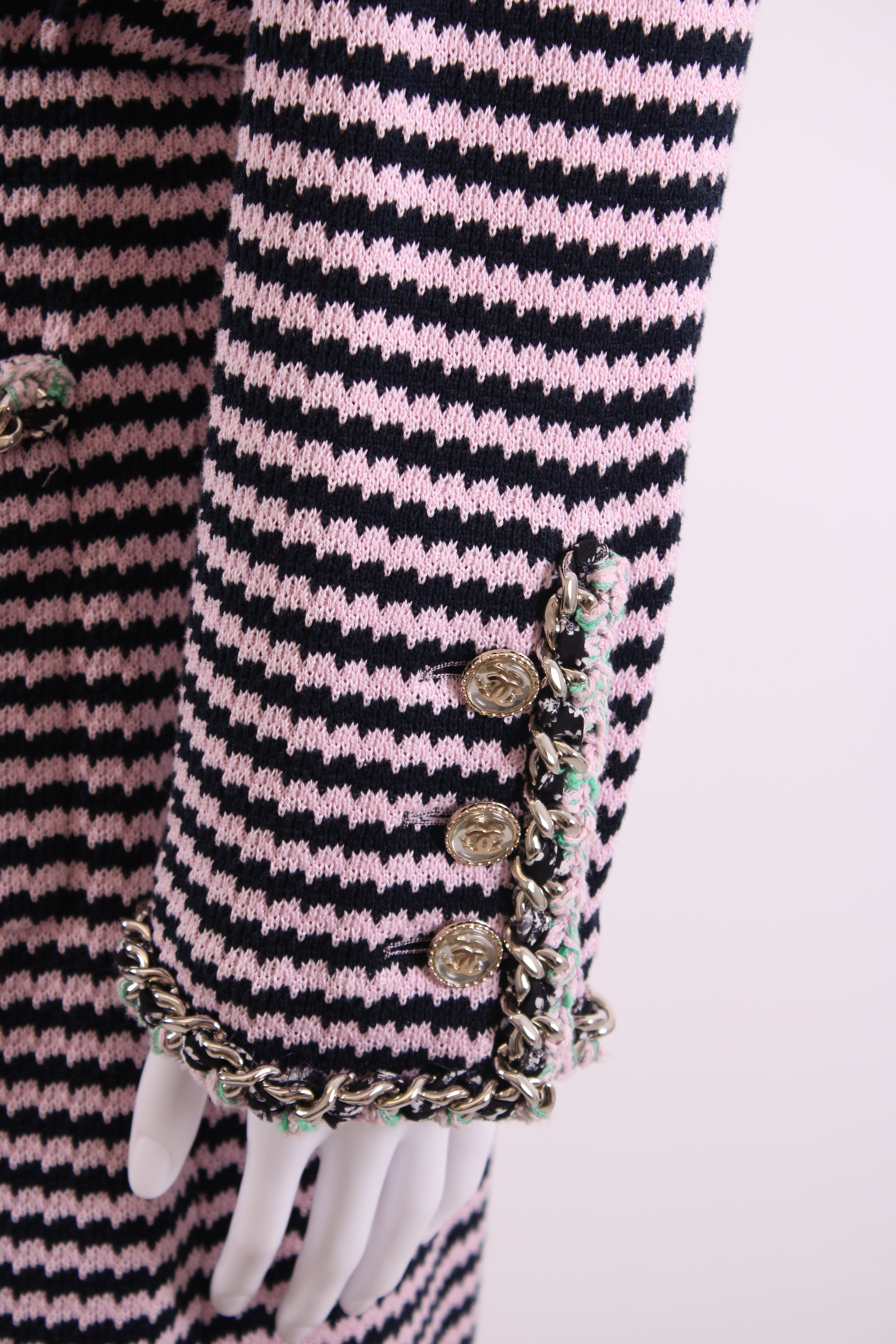 Chanel Knitted Dress with Chain Pocket Pink & Navy Stripe 38