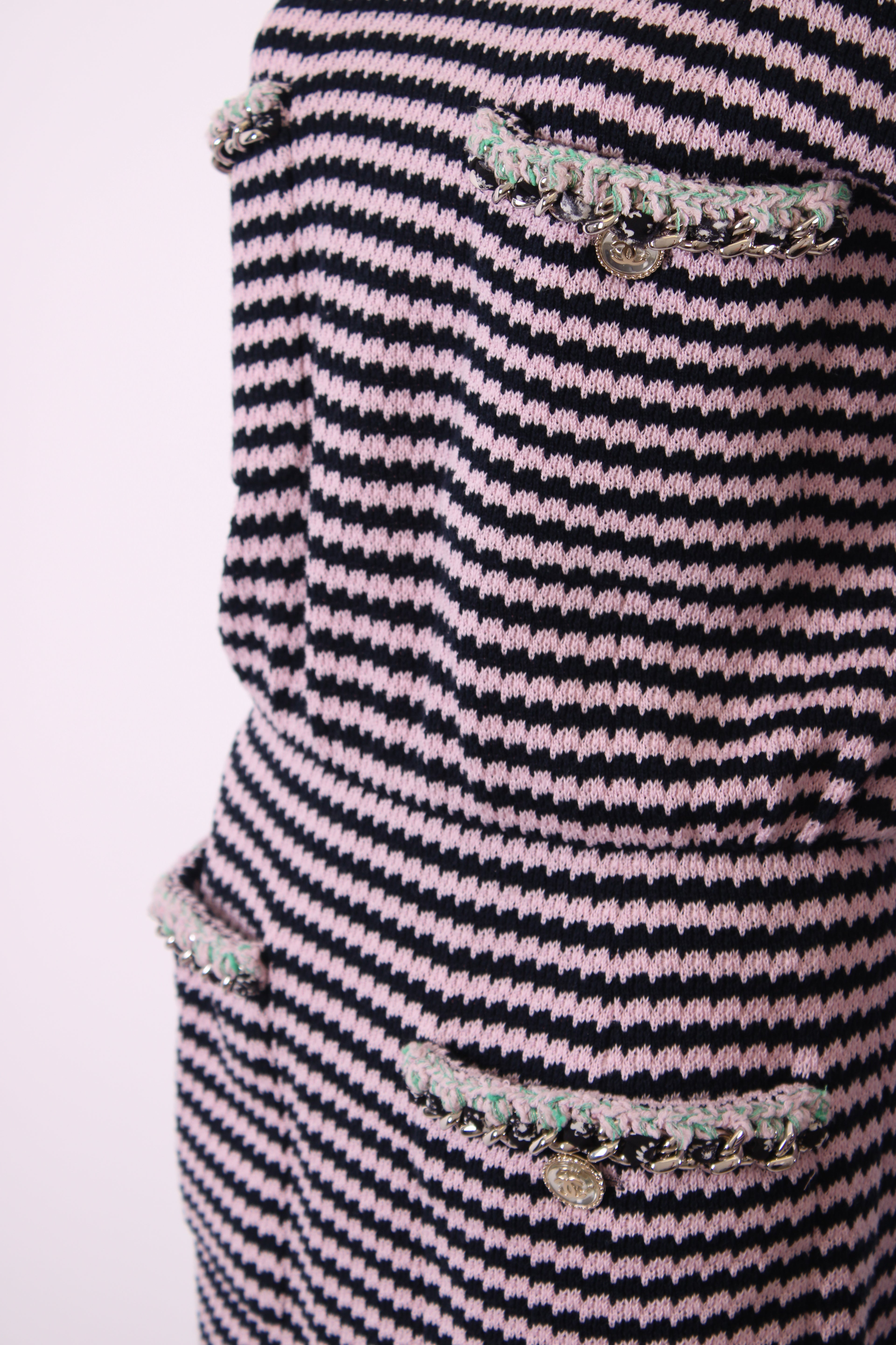 Chanel Knitted Dress with Chain Pocket Pink & Navy Stripe 38