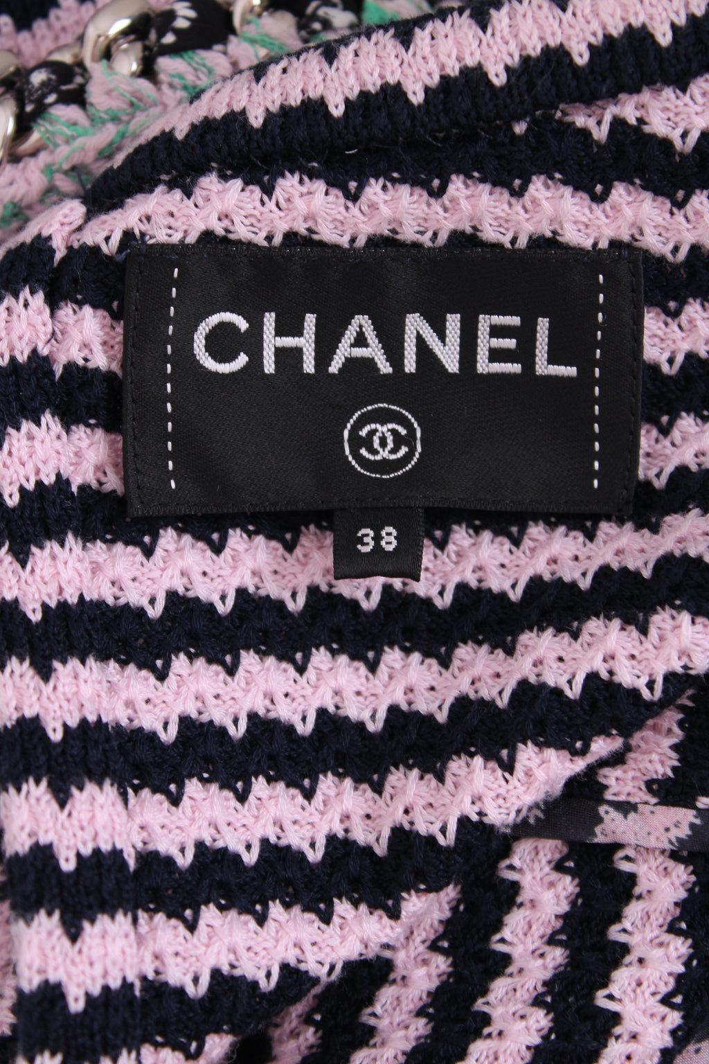 Chanel Knitted Dress with Chain Pocket Pink & Navy Stripe 38