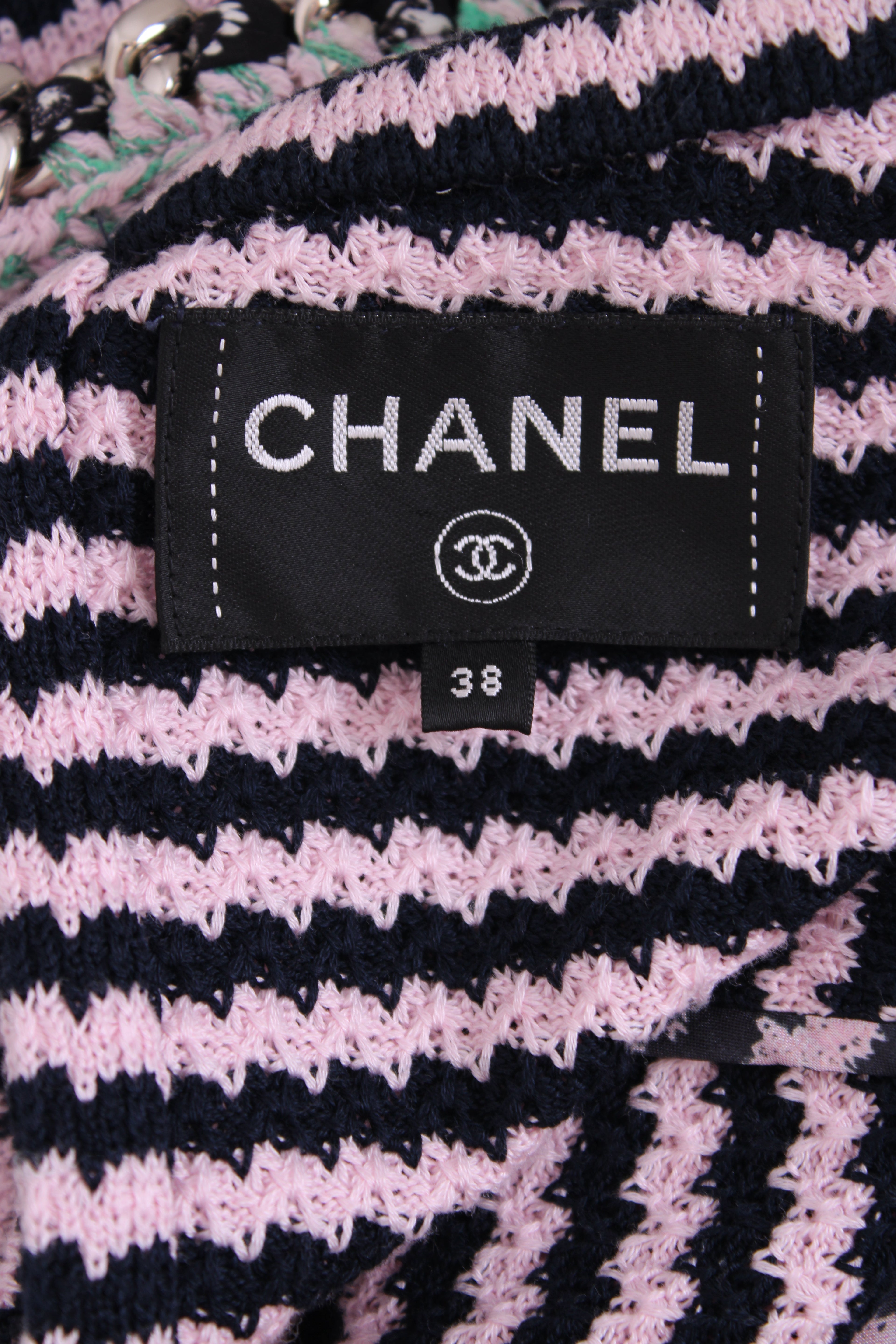 Chanel Knitted Dress with Chain Pocket Pink & Navy Stripe 38
